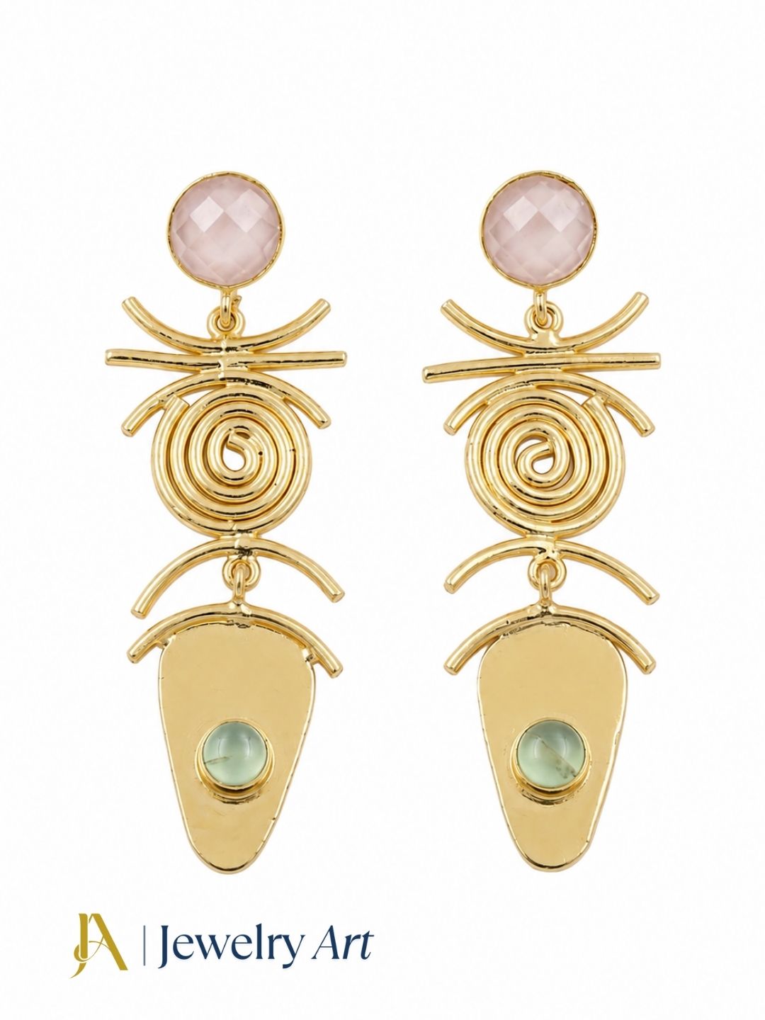 Gold plated rose quartz and prehnite dangle earrings for women on pure white background.
