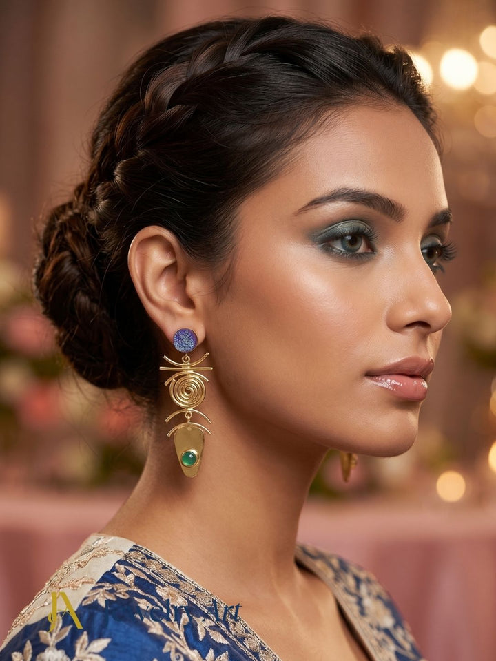 Woman styling gold plated blue druzy green onyx earrings with contemporary fashion
