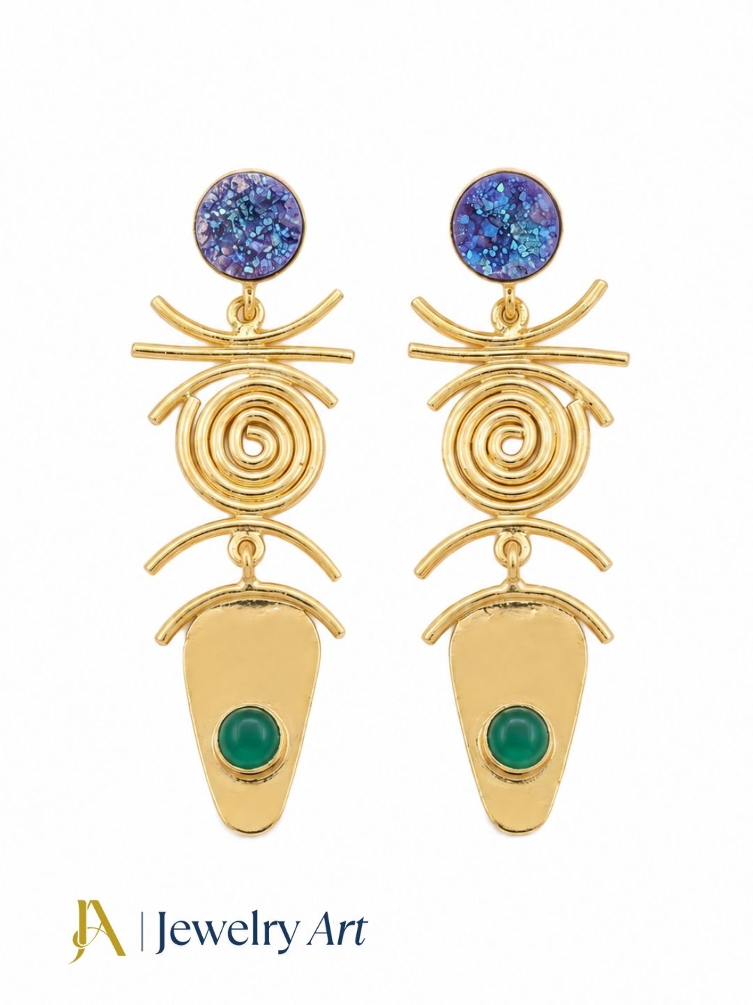 Handcrafted gold plated earrings featuring blue druzy and green onyx stones
