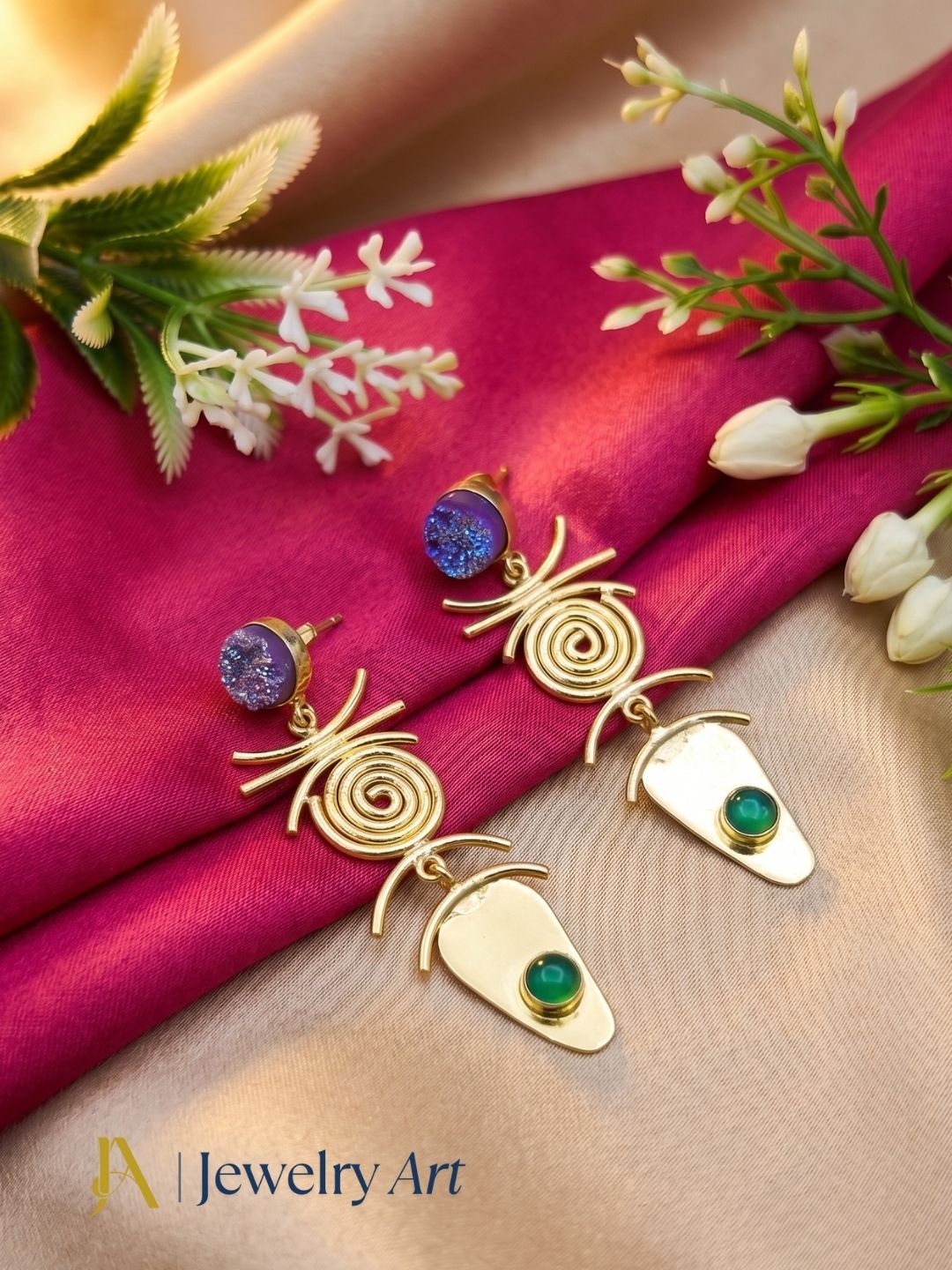 Luxury gemstone earrings featured in decorative product photography
