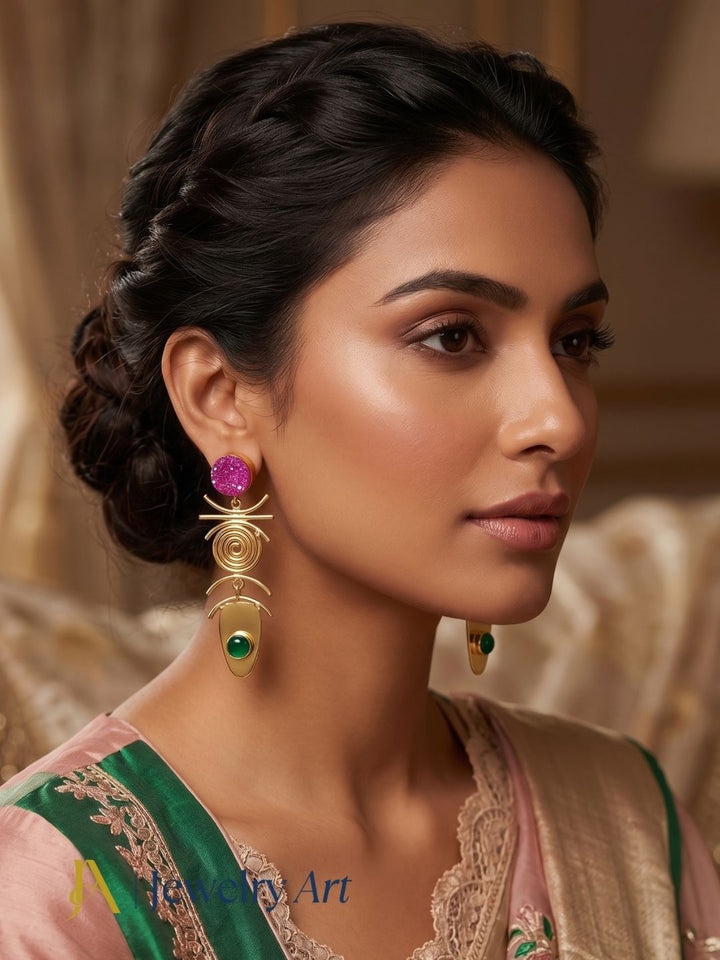 Model wearing artisan crafted pink druzy green onyx gemstone earrings
