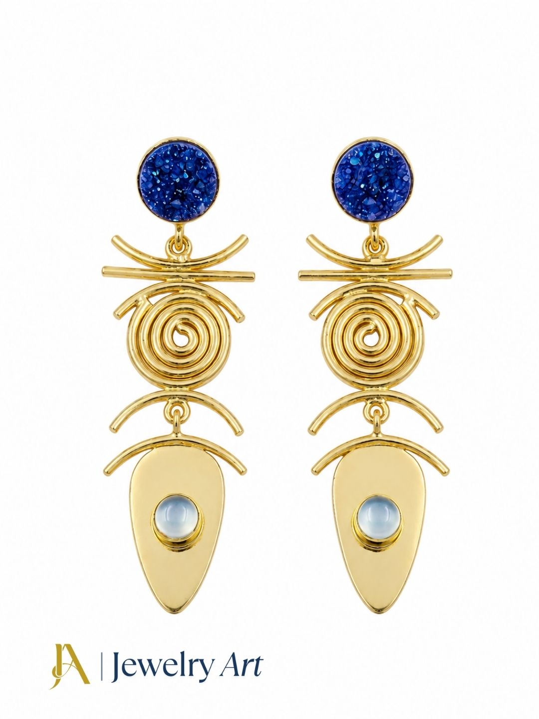 Lightweight blue druzy aquamarine dangle earrings with gold plated finish
