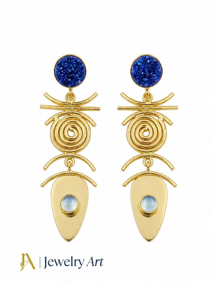 Lightweight blue druzy aquamarine dangle earrings with gold plated finish

