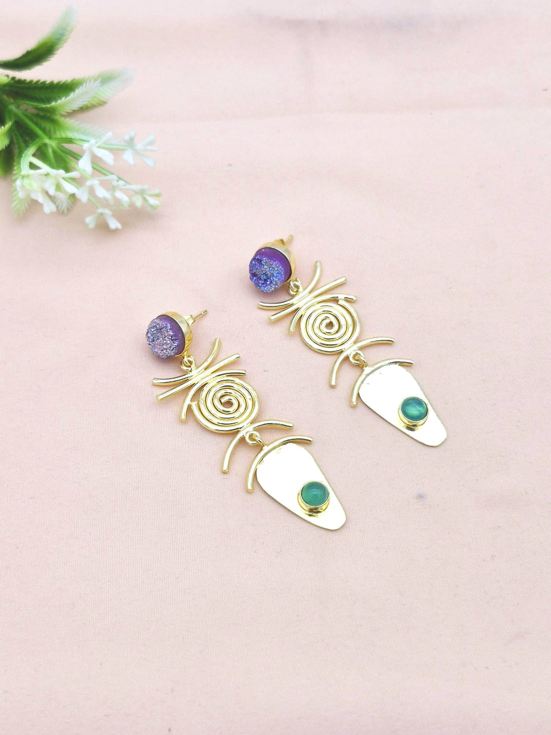 Stunning Gold Plated Dangle Earrings –  Semi Precious Stone Jewelry