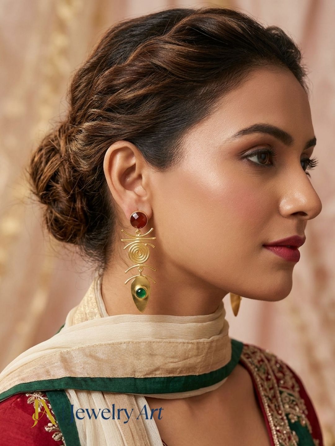 Woman wearing gold plated red and green onyx dangle earrings with elegant styling
