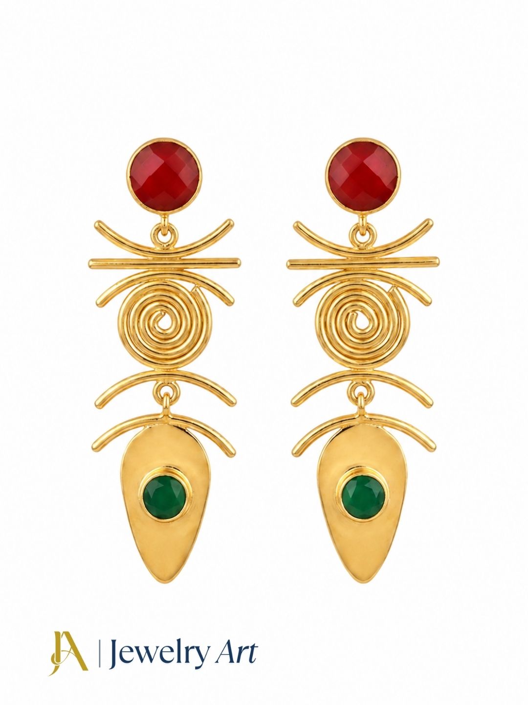 Stunning gold plated red and green onyx gemstone earrings on a pure white background
