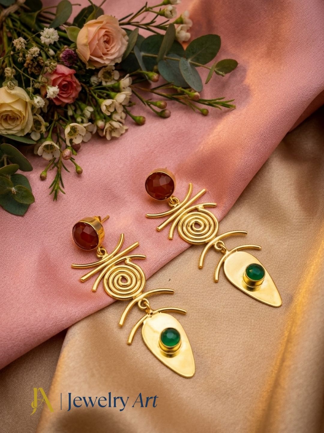 Premium gemstone earrings highlighted in decorative styling
