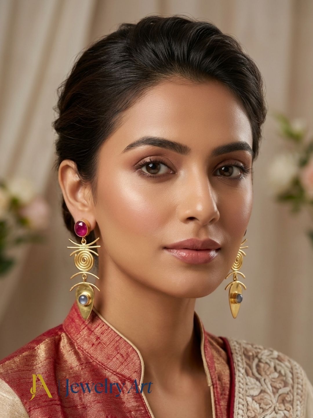 Woman styling gold plated red Hathipara and chalcedony earrings
