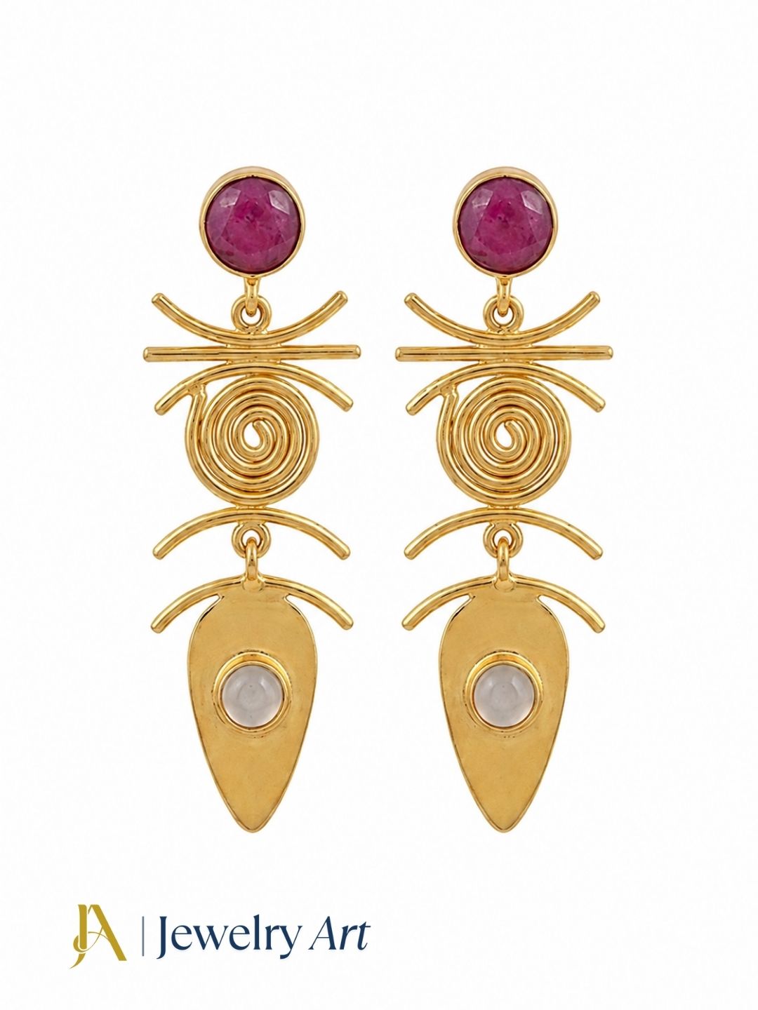 Handcrafted gold plated earrings featuring red Hathipara and chalcedony stones
