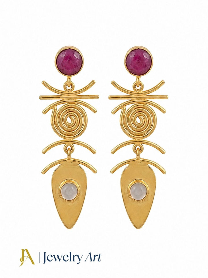 Handcrafted gold plated earrings featuring red Hathipara and chalcedony stones

