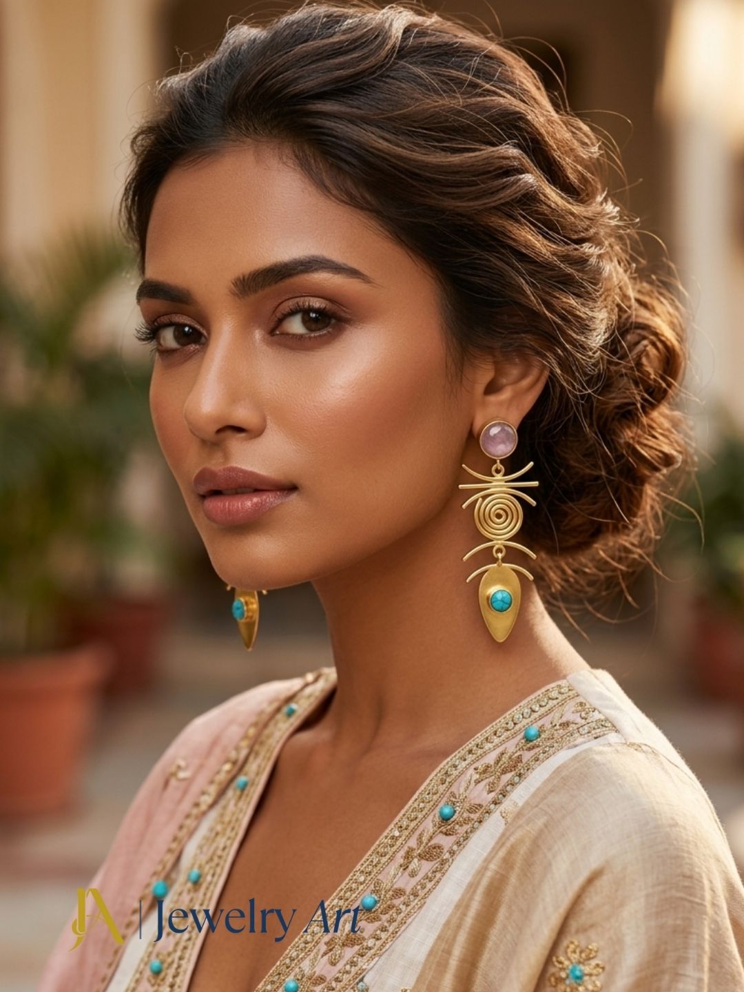 Model wearing lightweight gold plated gemstone earrings with designer appeal
