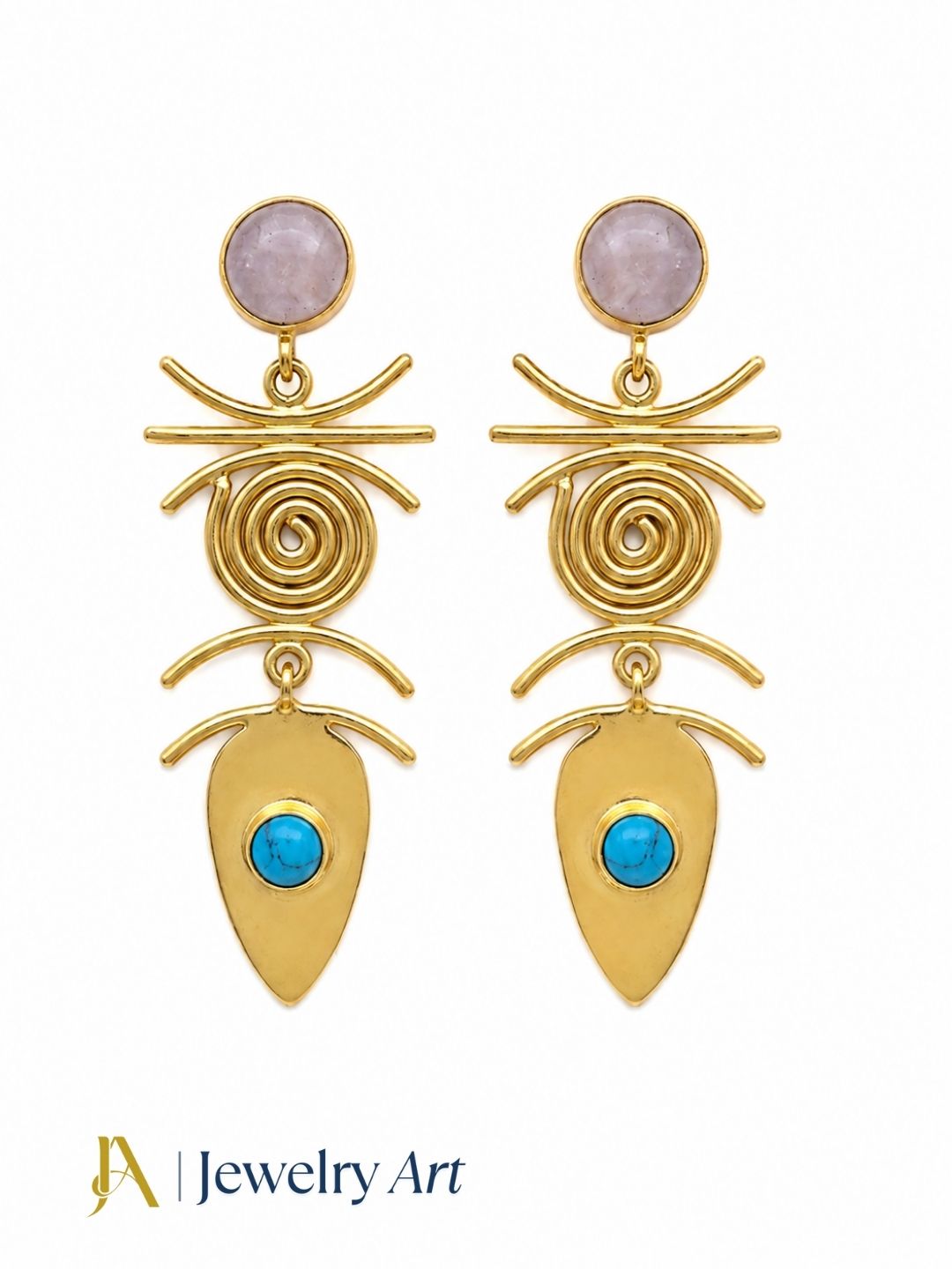Designer rose quartz synthetic turquoise drop earrings with handcrafted detailing
