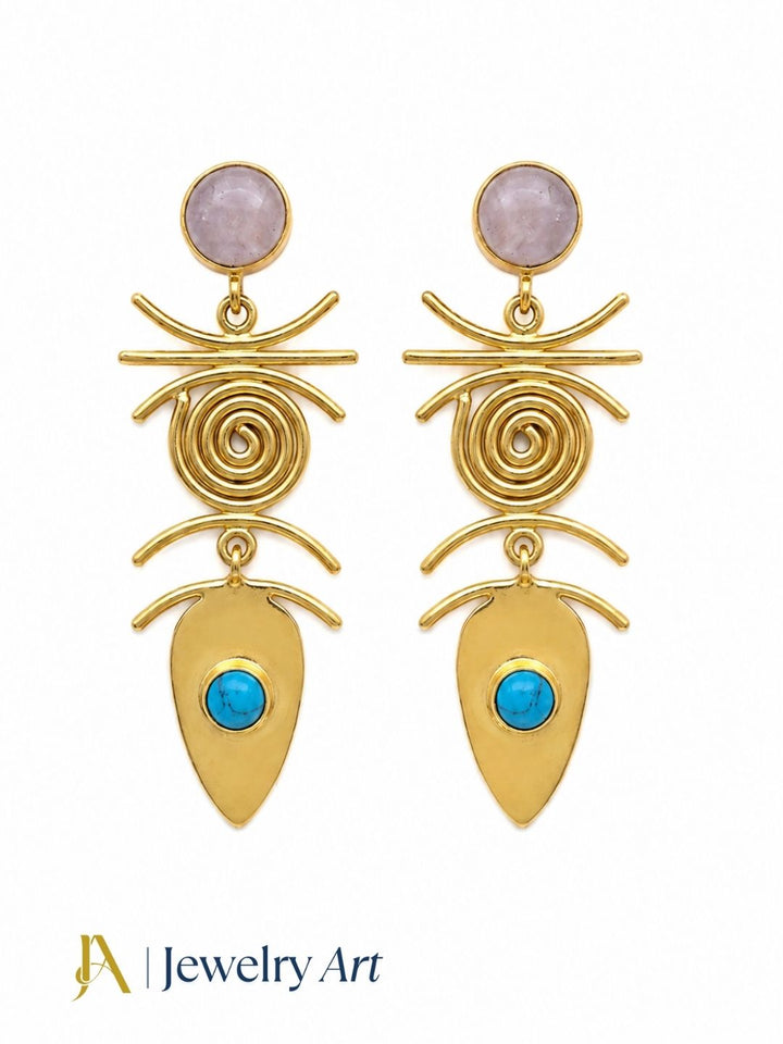 Designer rose quartz synthetic turquoise drop earrings with handcrafted detailing
