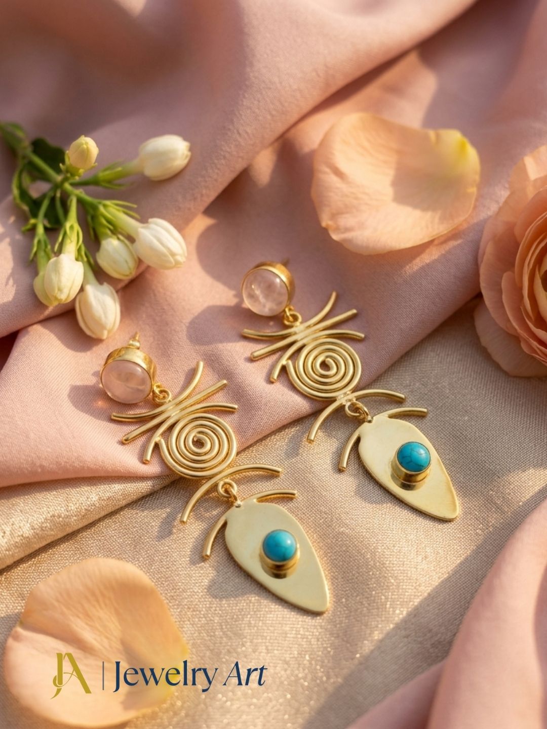 Luxury gemstone earrings featured in decorative product photography
