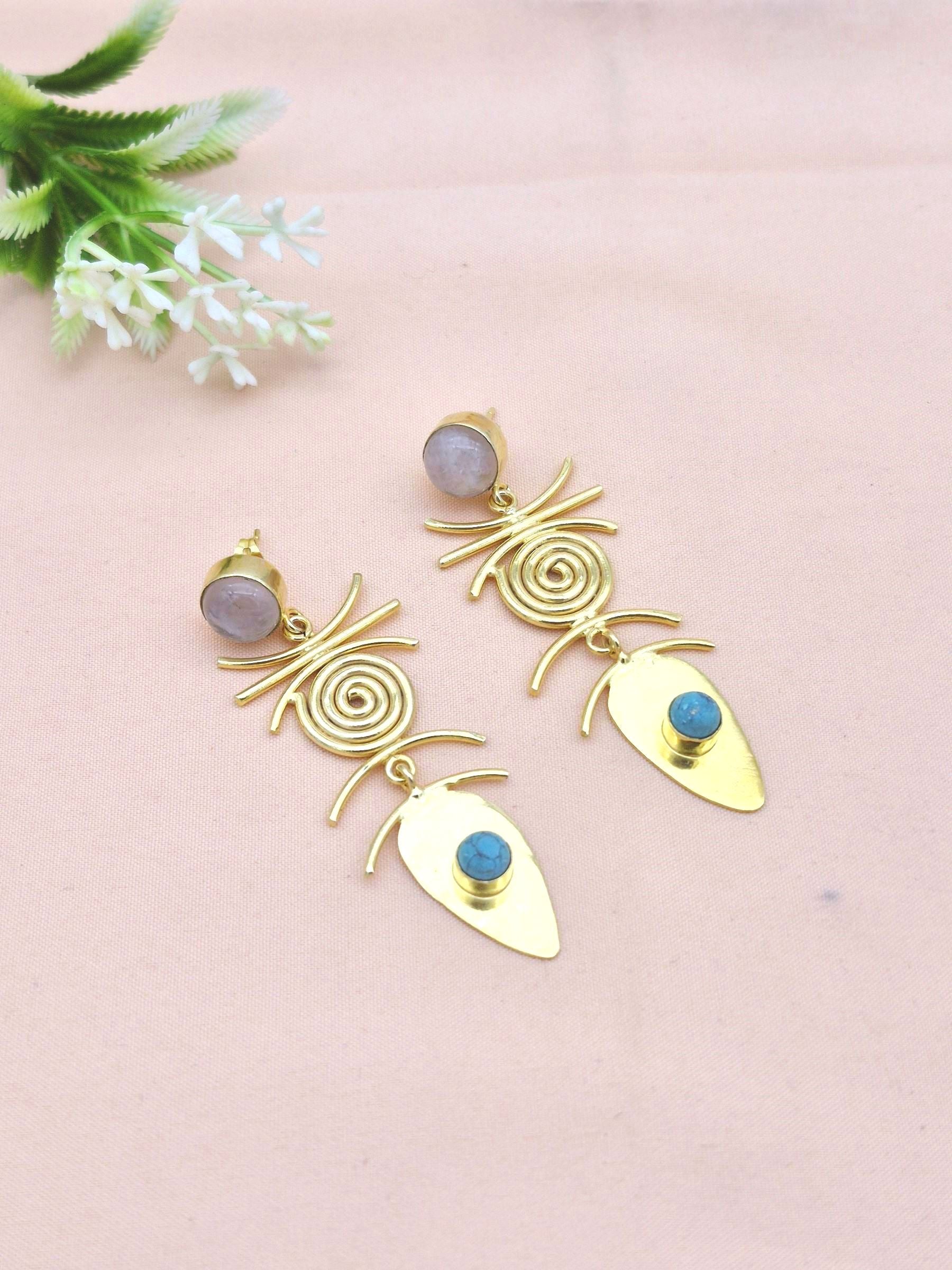 Stunning Gold Plated Dangle Earrings –  Semi Precious Stone Jewelry