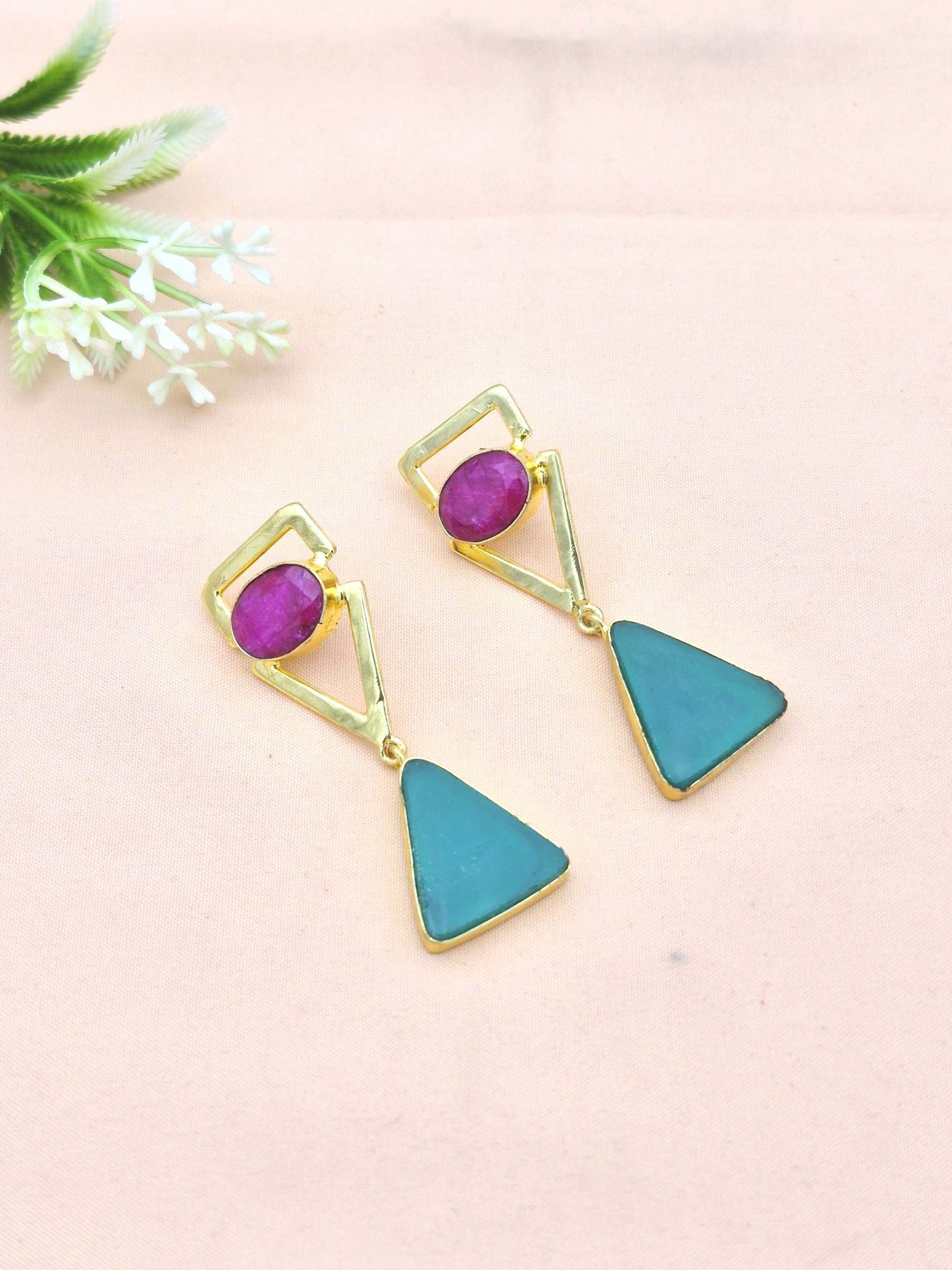 Stunning Gold Plated Dangle Earrings –  Semi Precious Stone Jewelry
