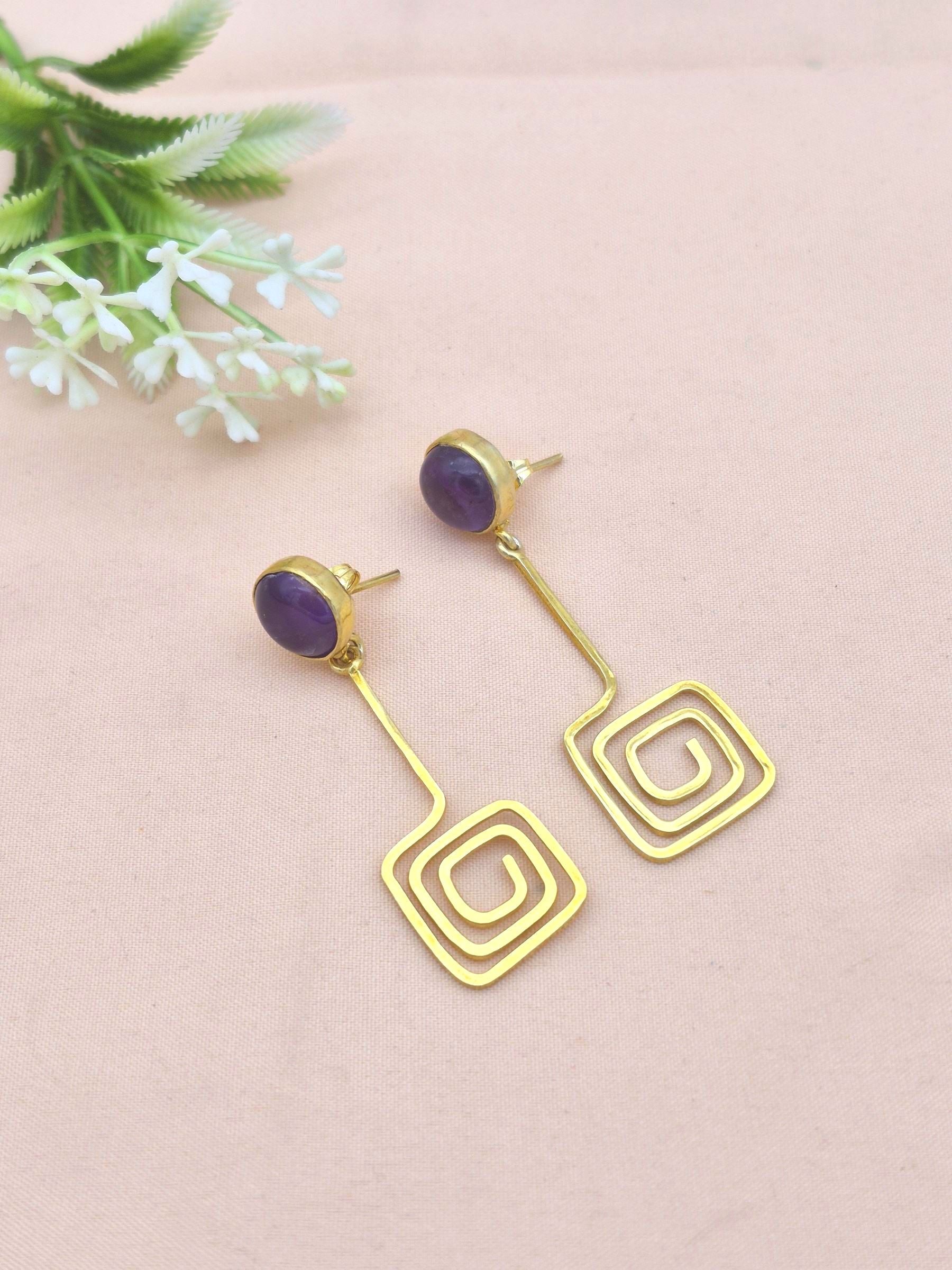 Gold Plated Dangle Earrings – Semi Precious Stone Light weight Charming Handcrafted Jewelry
