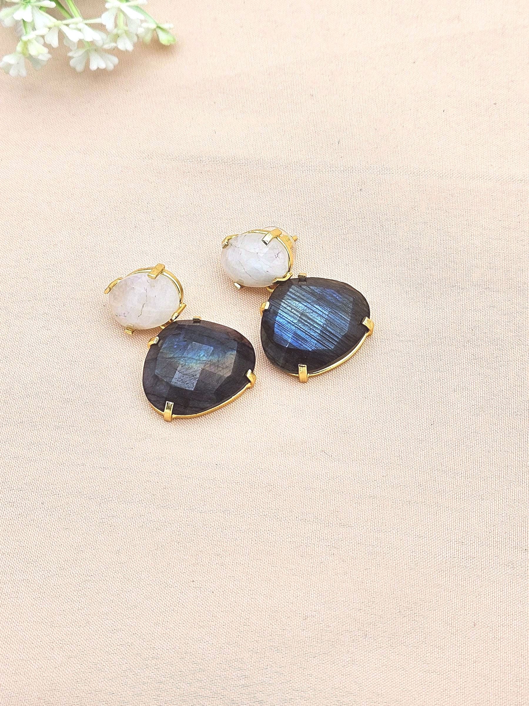 Stunning Gold Plated Fine Labradorite-White Rainbow Prong Setting Charming Designer Dangle Drop Earrings