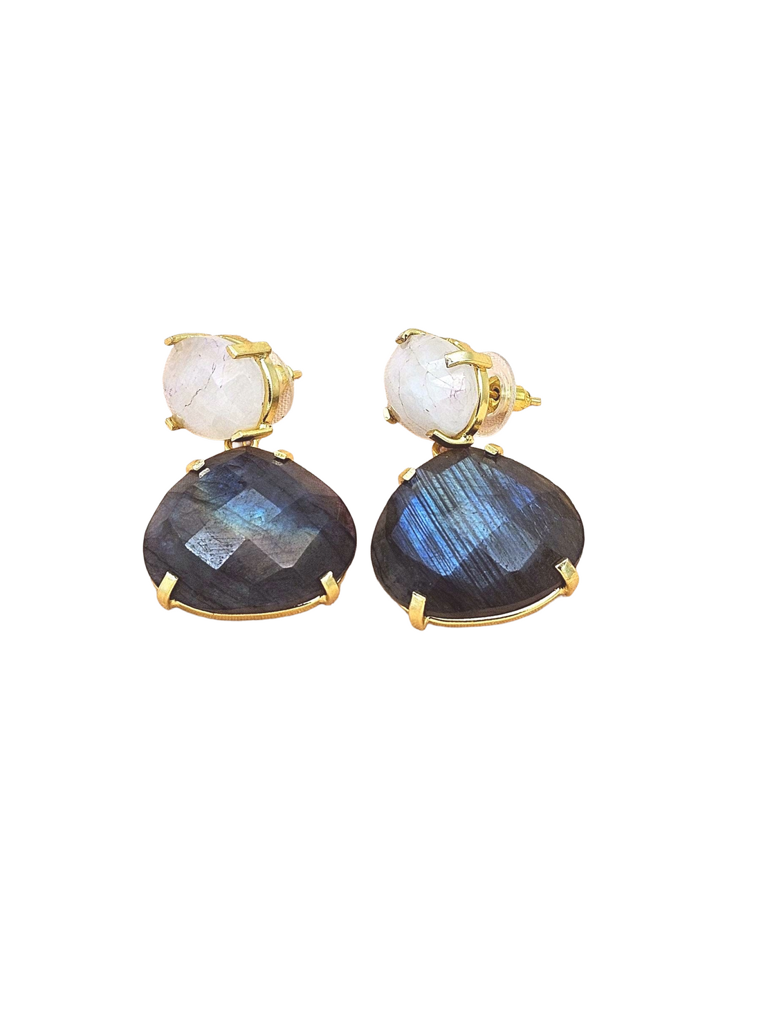 Stunning Gold Plated Fine Labradorite-White Rainbow Prong Setting Charming Designer Dangle Drop Earrings