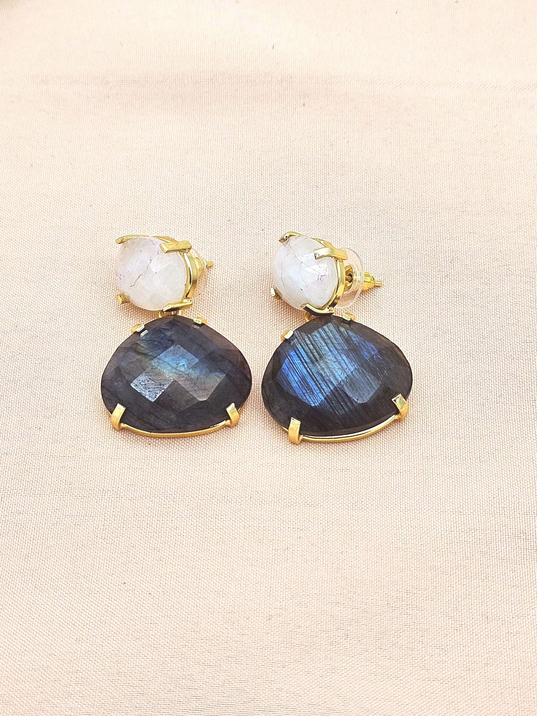 Stunning Gold Plated Fine Labradorite-White Rainbow Prong Setting Charming Designer Dangle Drop Earrings