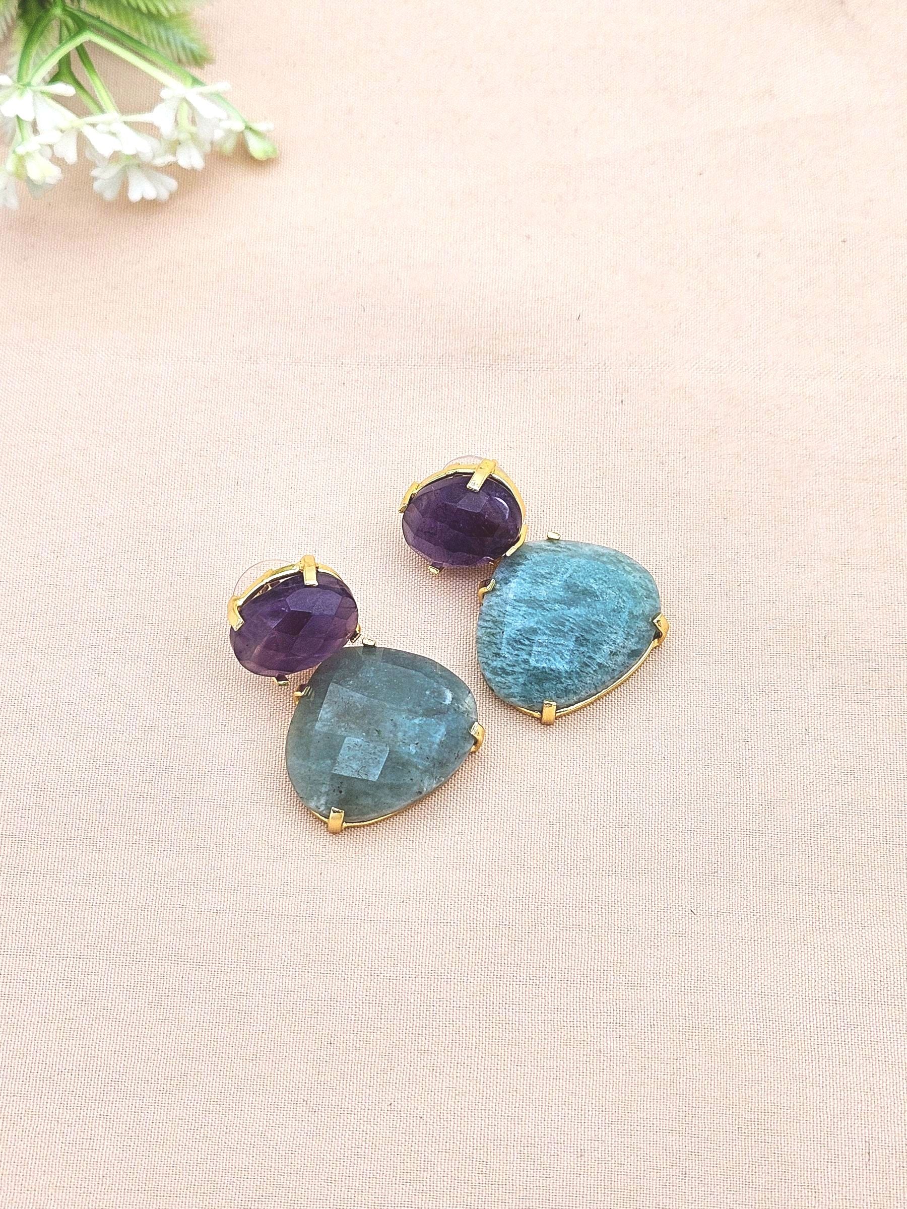 Stunning Gold Plated Fine Amazonite-Amethyst Prong Setting Charming Designer Dangle Drop Earrings
