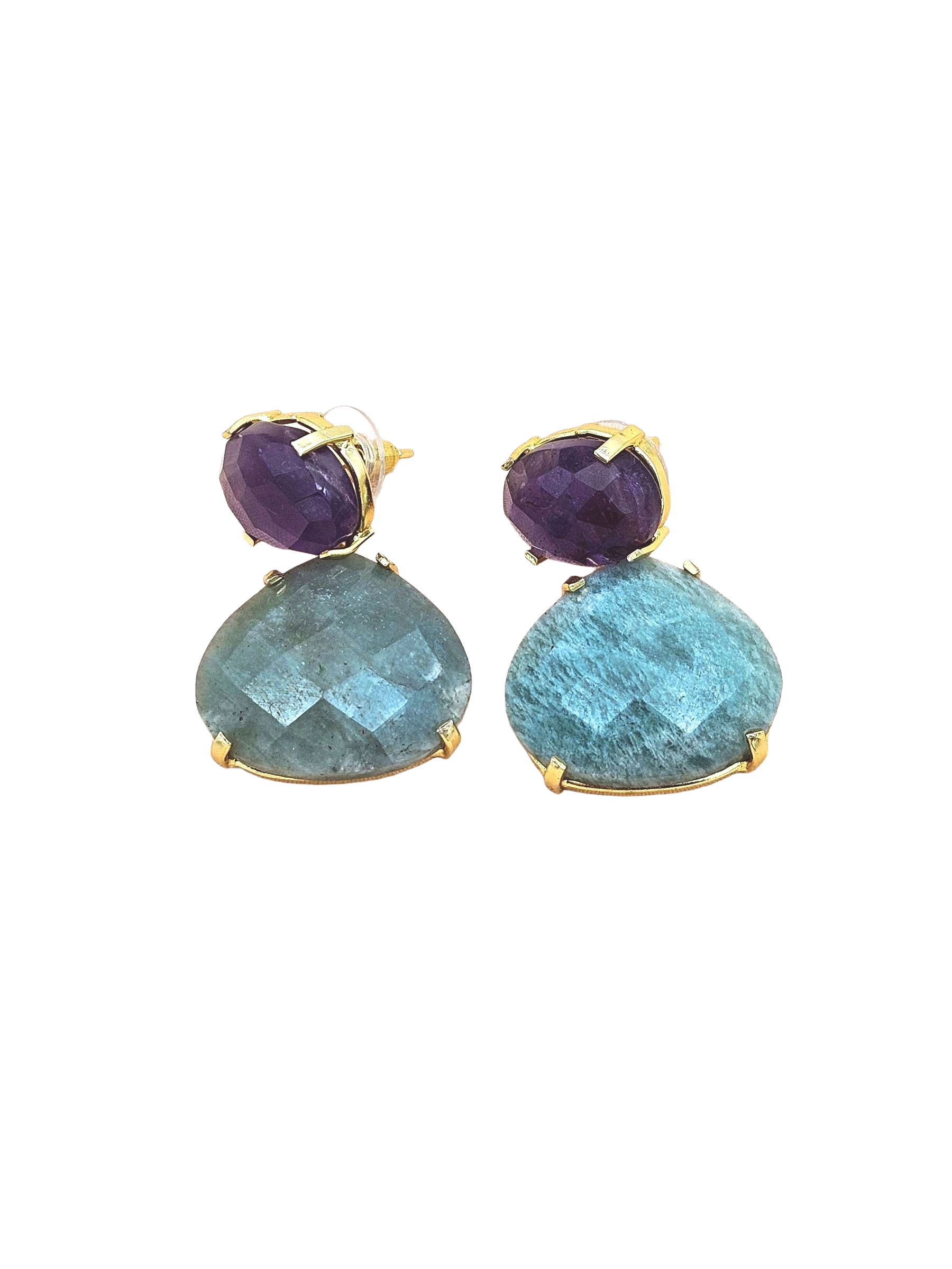 Stunning Gold Plated Fine Amazonite-Amethyst Prong Setting Charming Designer Dangle Drop Earrings