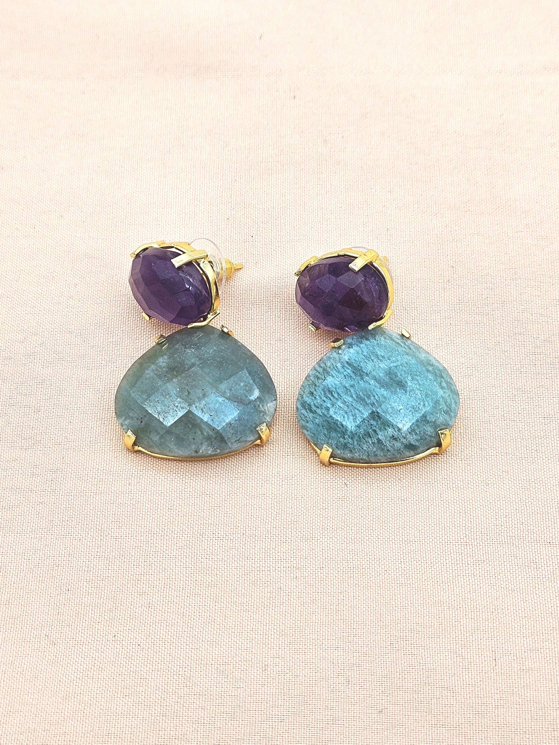 Stunning Gold Plated Fine Amazonite-Amethyst Prong Setting Charming Designer Dangle Drop Earrings