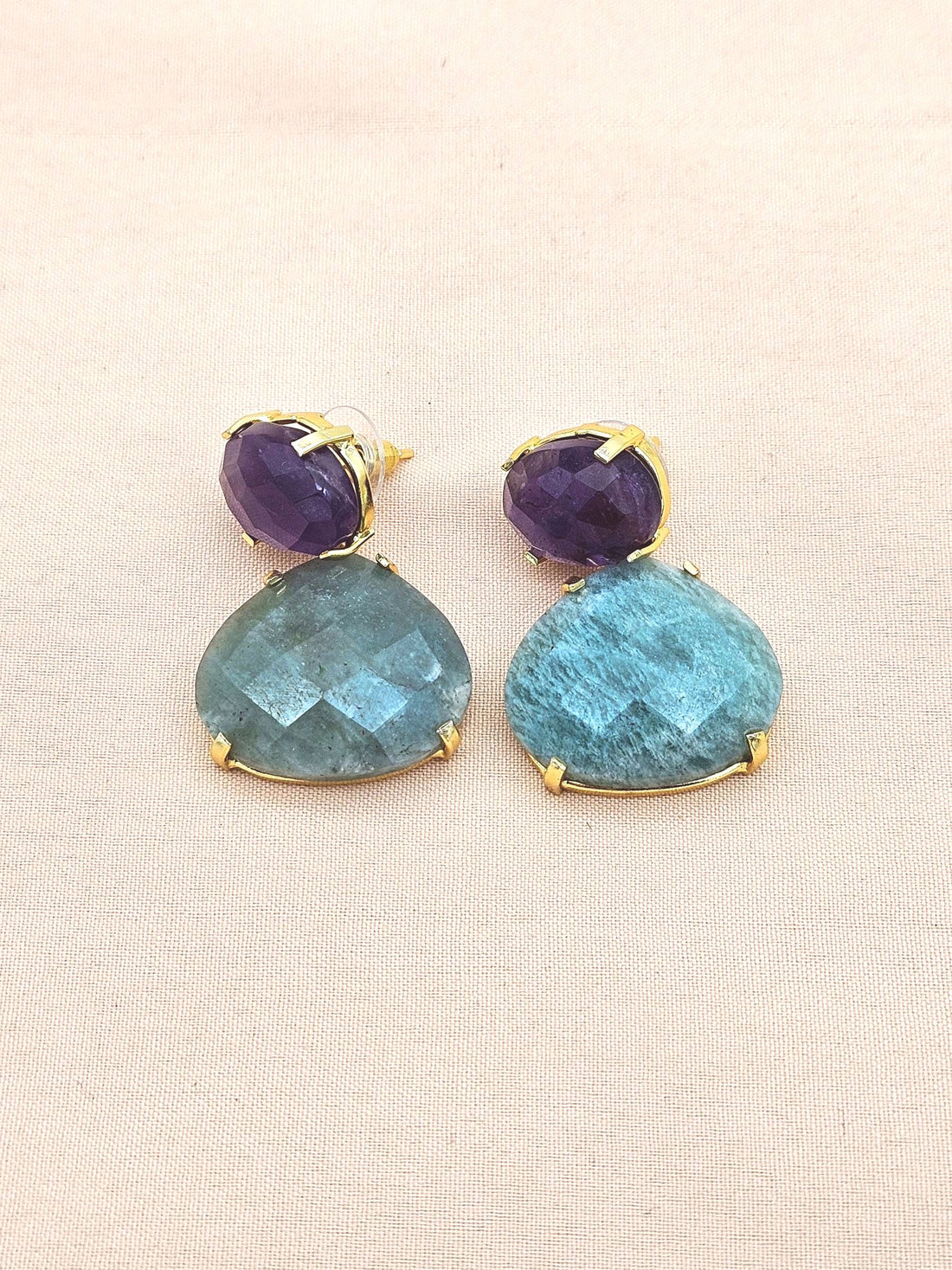 Stunning Gold Plated Fine Amazonite-Amethyst Prong Setting Charming Designer Dangle Drop Earrings