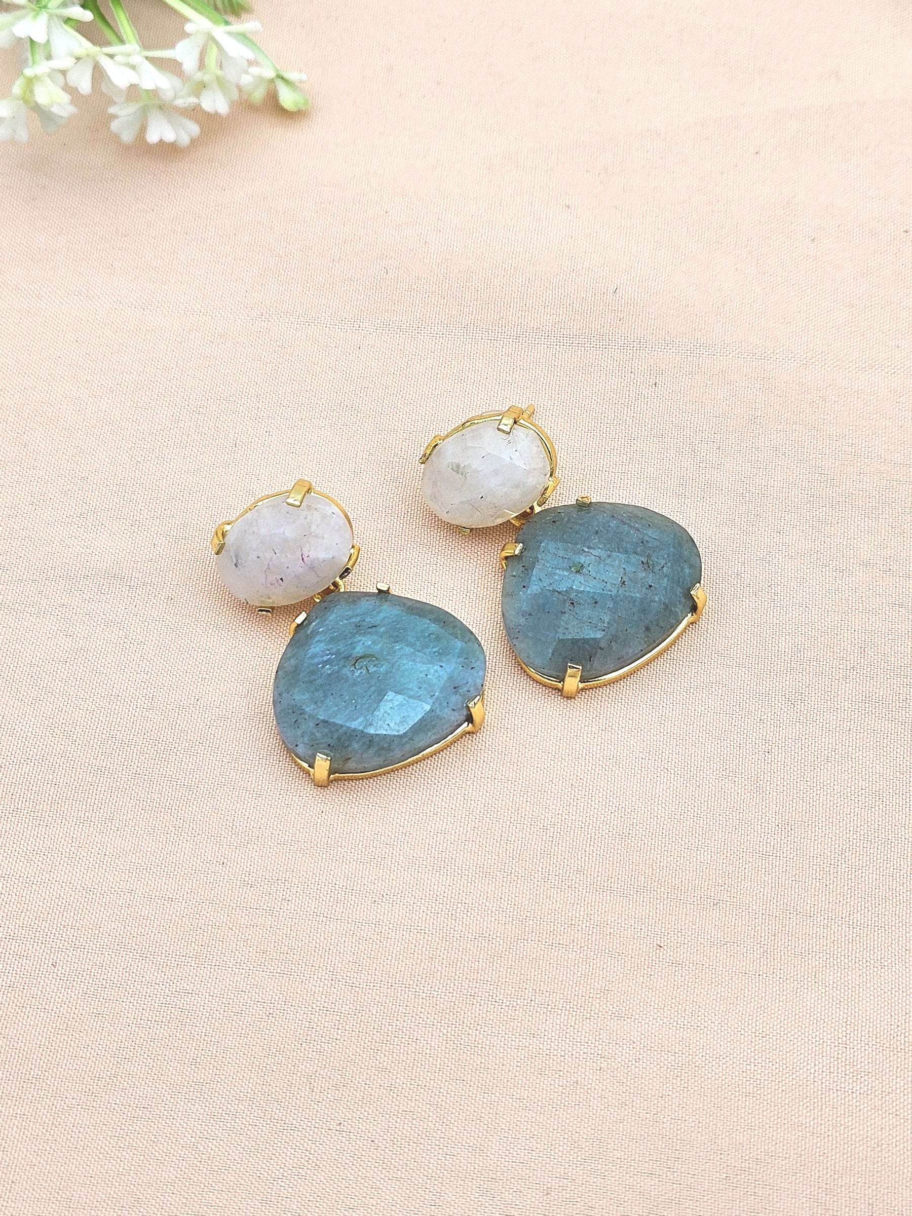 Stunning Gold Plated Fine Amazonite White Rainbow Prong Setting Charming Designer Dangle Drop Earrings
