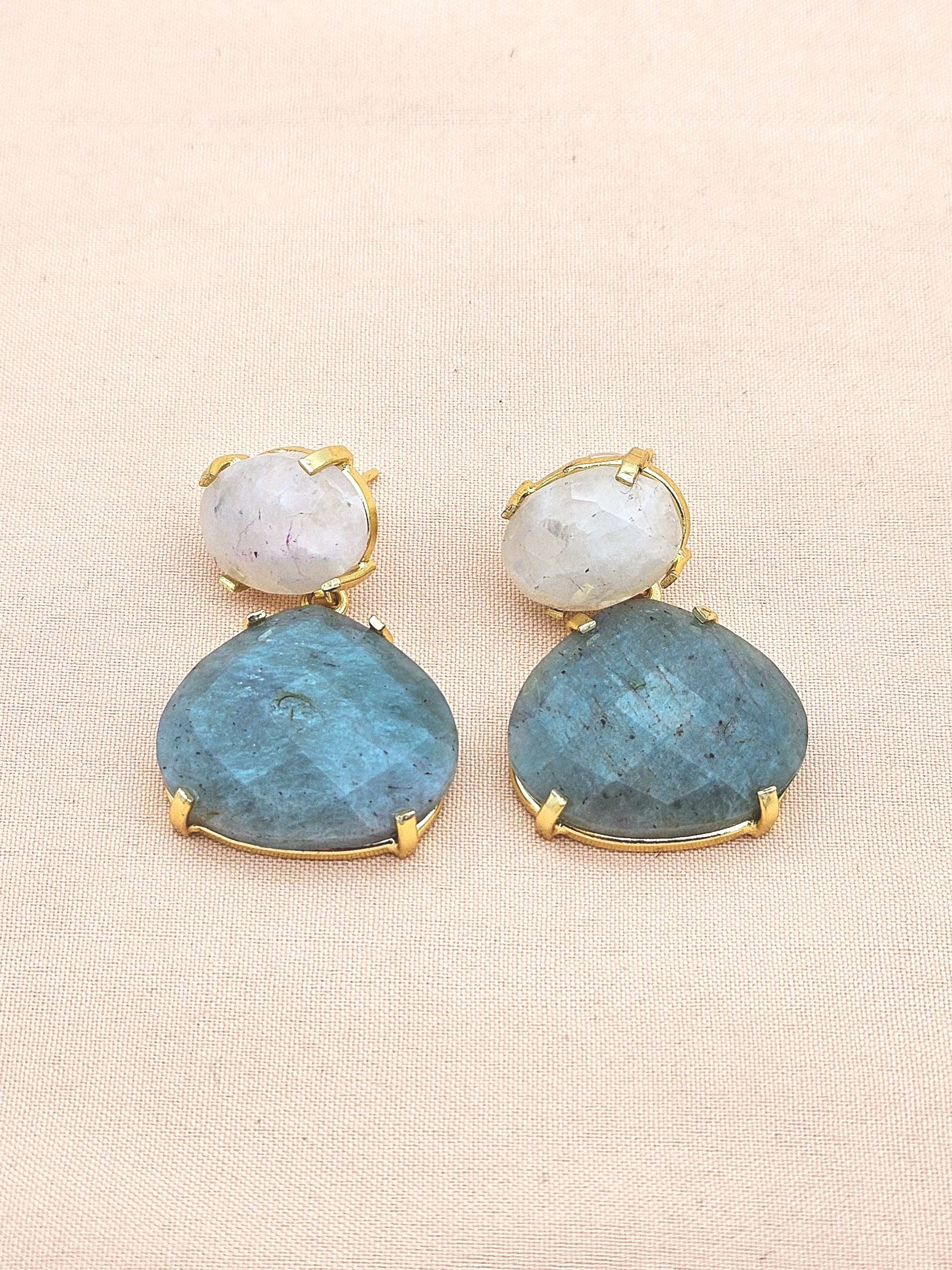 Stunning Gold Plated Fine Amazonite White Rainbow Prong Setting Charming Designer Dangle Drop Earrings