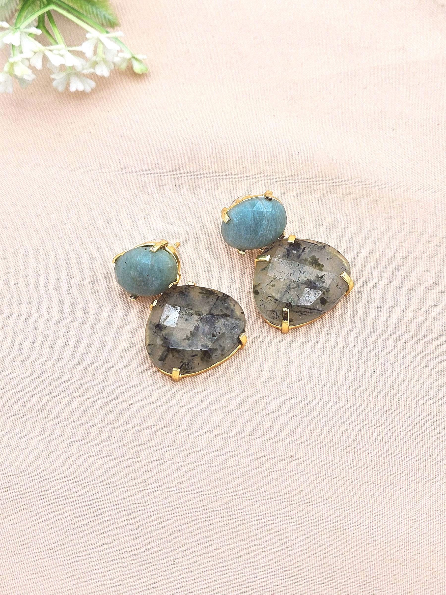 Stunning Gold Plated Fine Prehnite-Amazonite Prong Setting Charming Designer Dangle Drop Earrings