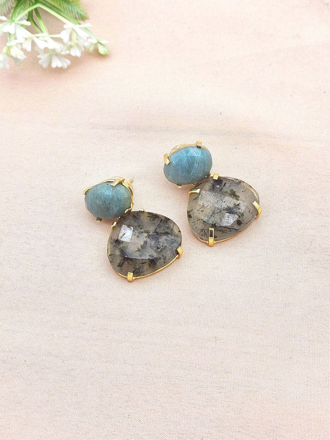 Stunning Gold Plated Fine Prehnite-Amazonite Prong Setting Charming Designer Dangle Drop Earrings