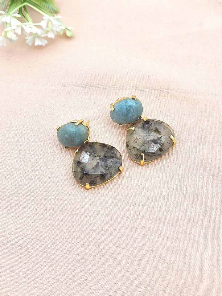 Stunning Gold Plated Fine Prehnite-Amazonite Prong Setting Charming Designer Dangle Drop Earrings