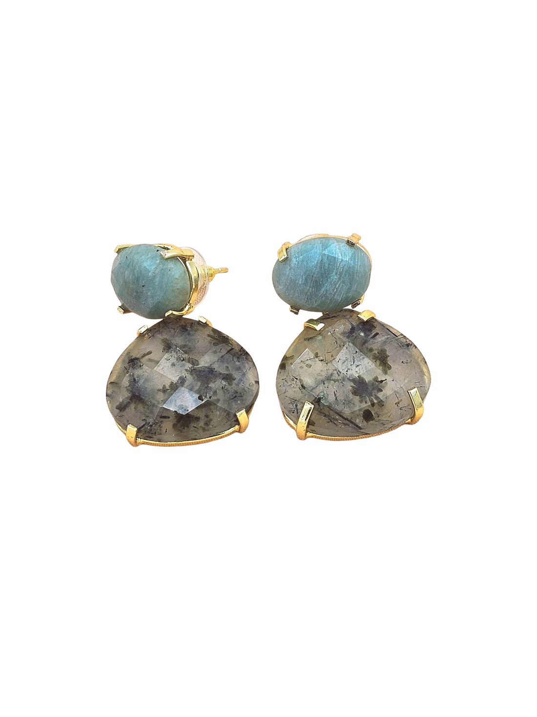 Stunning Gold Plated Fine Prehnite-Amazonite Prong Setting Charming Designer Dangle Drop Earrings