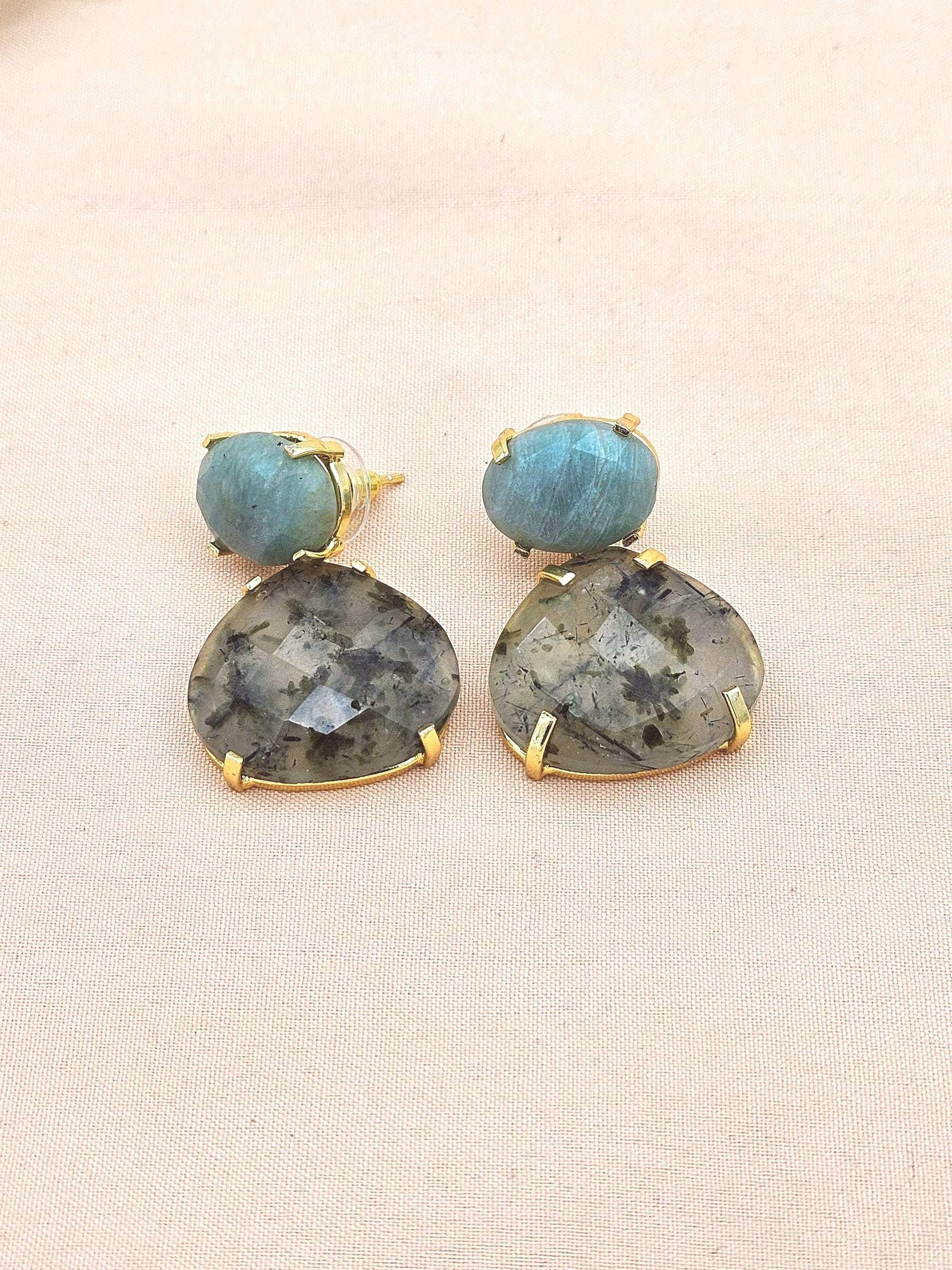 Stunning Gold Plated Fine Prehnite-Amazonite Prong Setting Charming Designer Dangle Drop Earrings