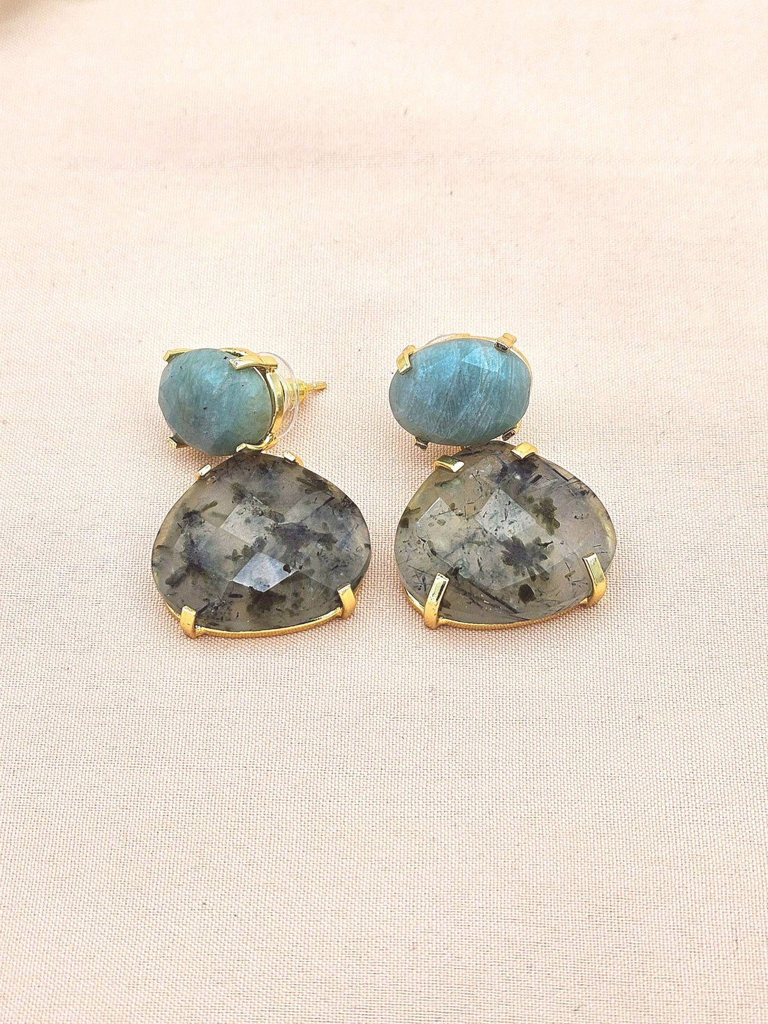 Stunning Gold Plated Fine Prehnite-Amazonite Prong Setting Charming Designer Dangle Drop Earrings