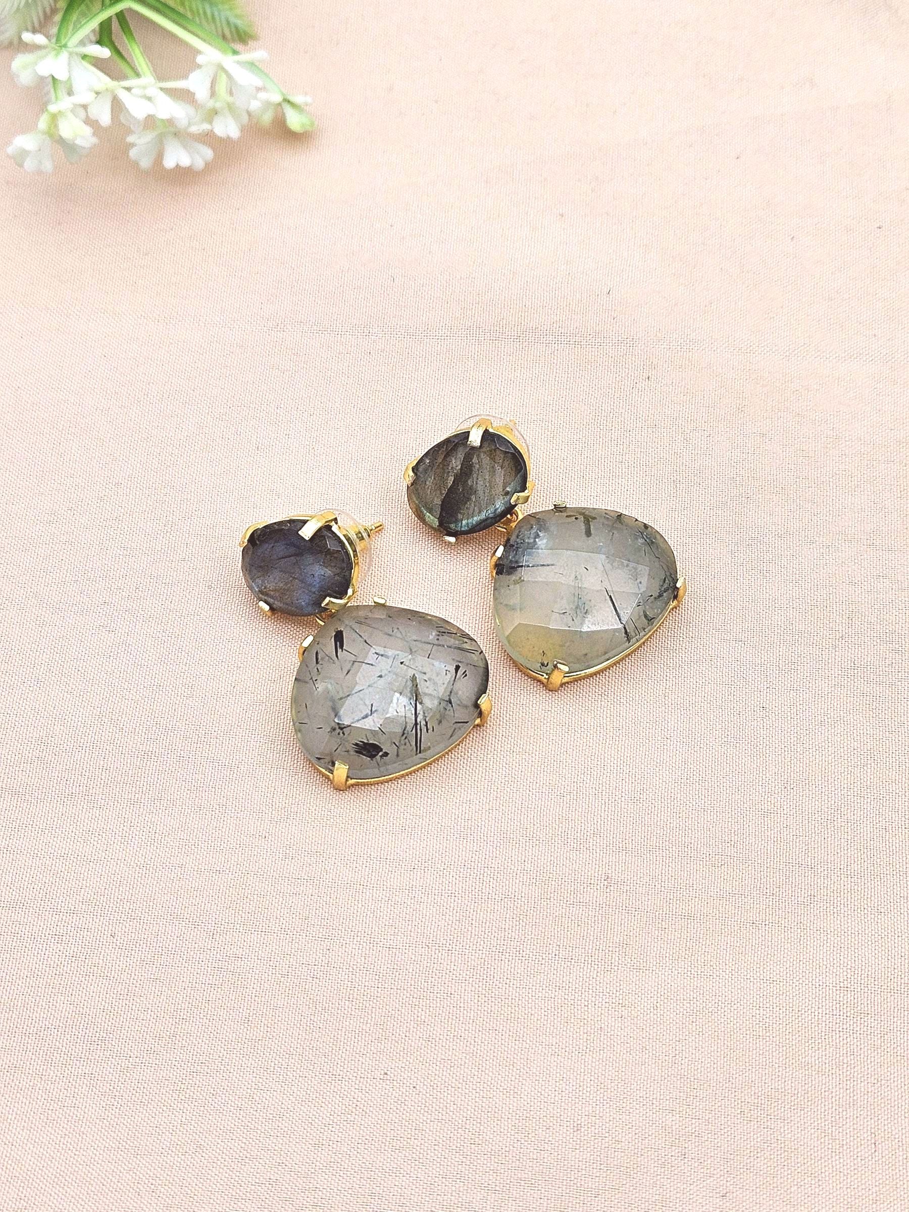 Stunning Gold Plated Fine Prehnite - Labradorite Prong Setting Charming Designer Dangle Drop Earrings