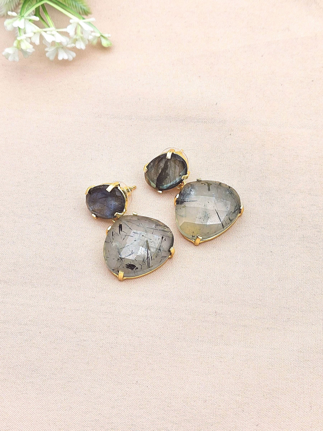 Stunning Gold Plated Fine Prehnite - Labradorite Prong Setting Charming Designer Dangle Drop Earrings