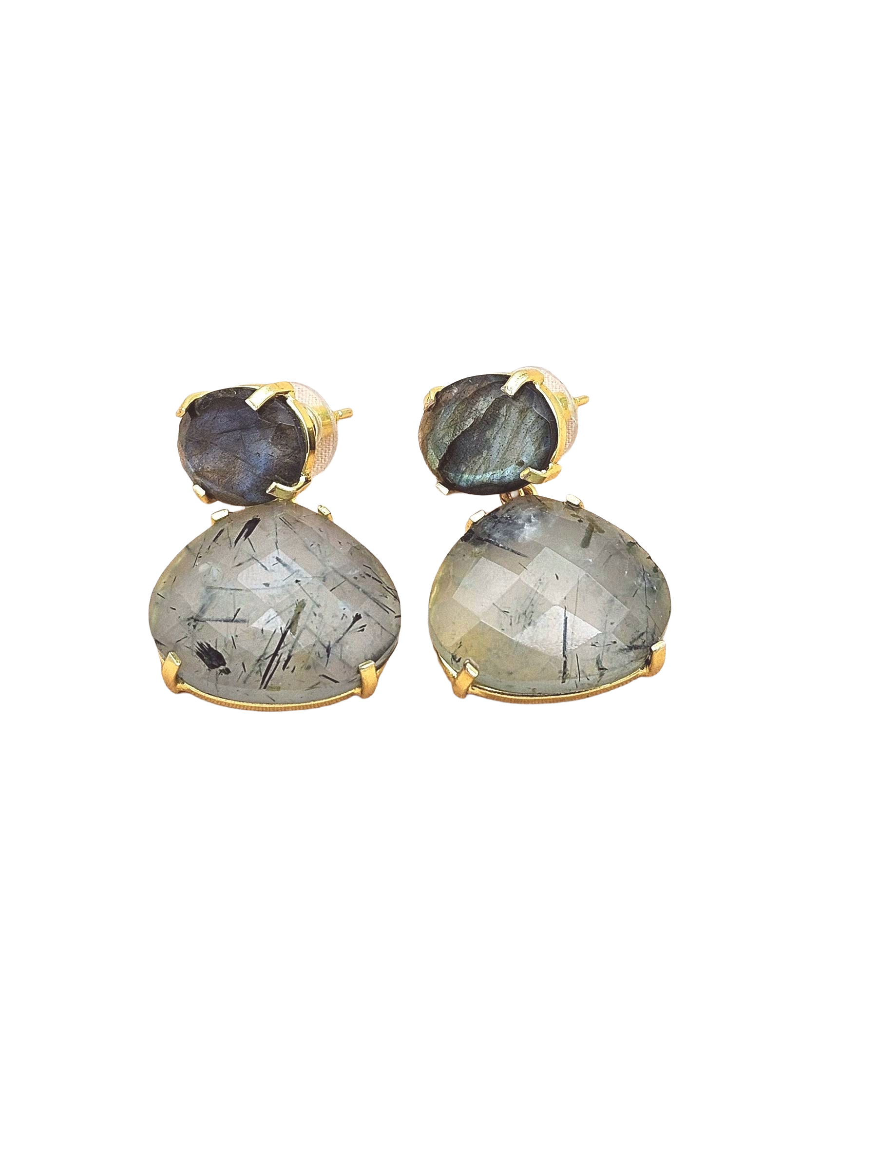 Stunning Gold Plated Fine Prehnite - Labradorite Prong Setting Charming Designer Dangle Drop Earrings