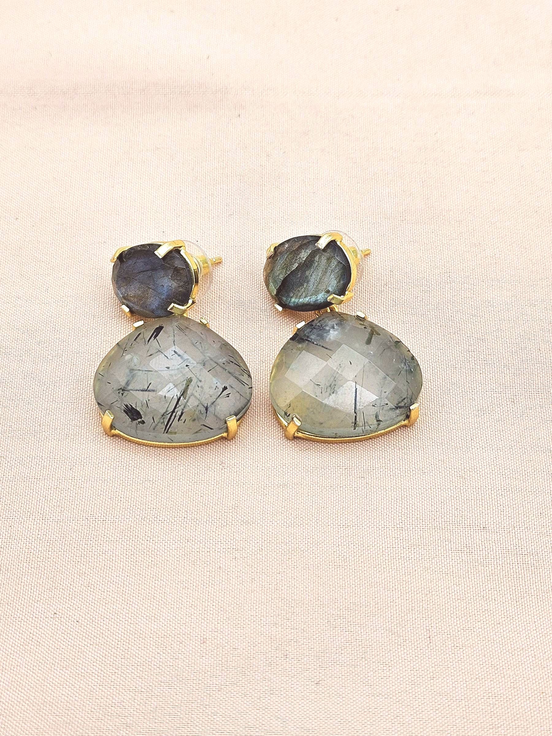 Stunning Gold Plated Fine Prehnite - Labradorite Prong Setting Charming Designer Dangle Drop Earrings