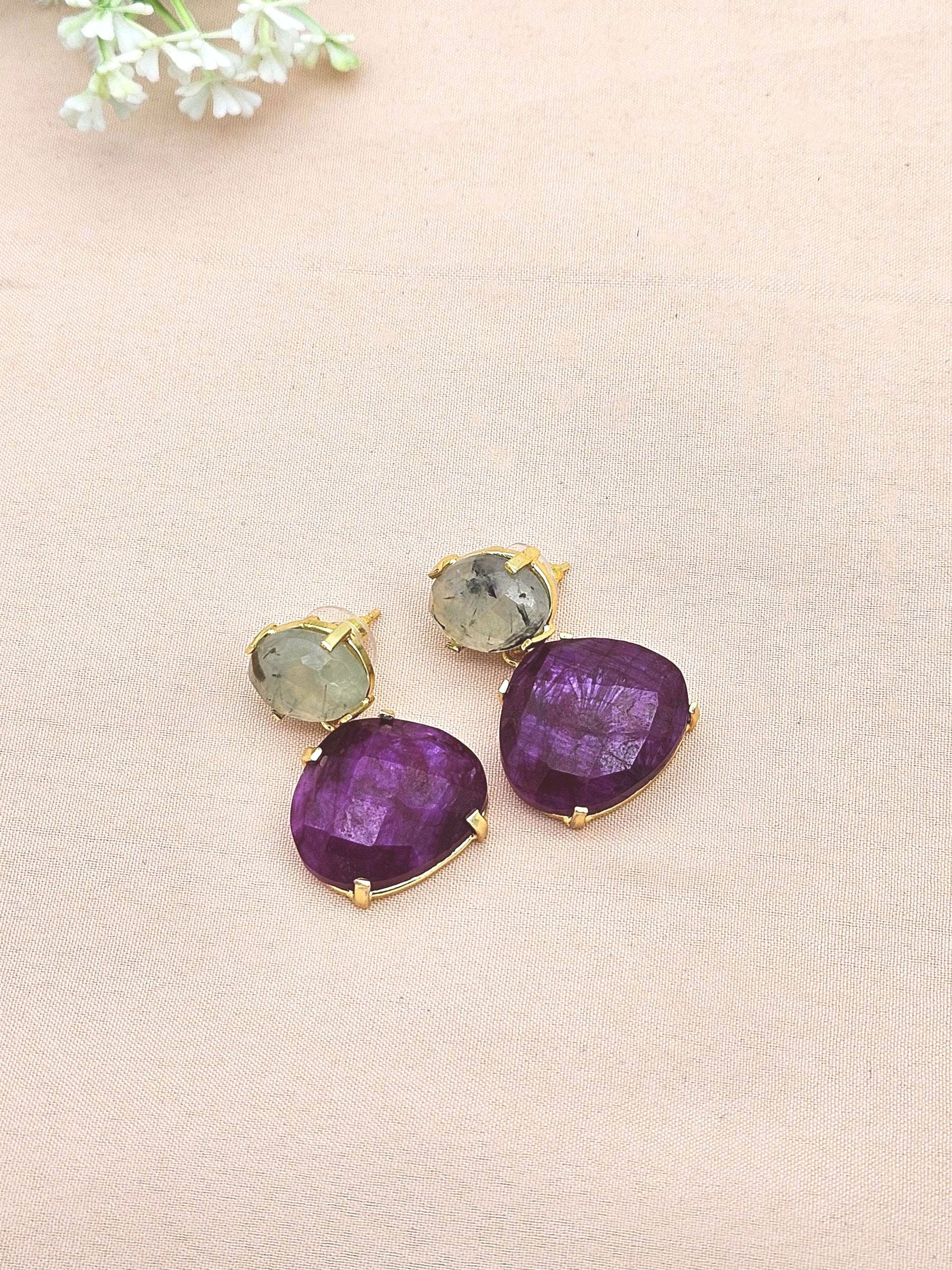 Stunning Gold Plated Fine Prehnite-Red Hathipara Prong Setting Charming Designer Dangle Drop Earrings