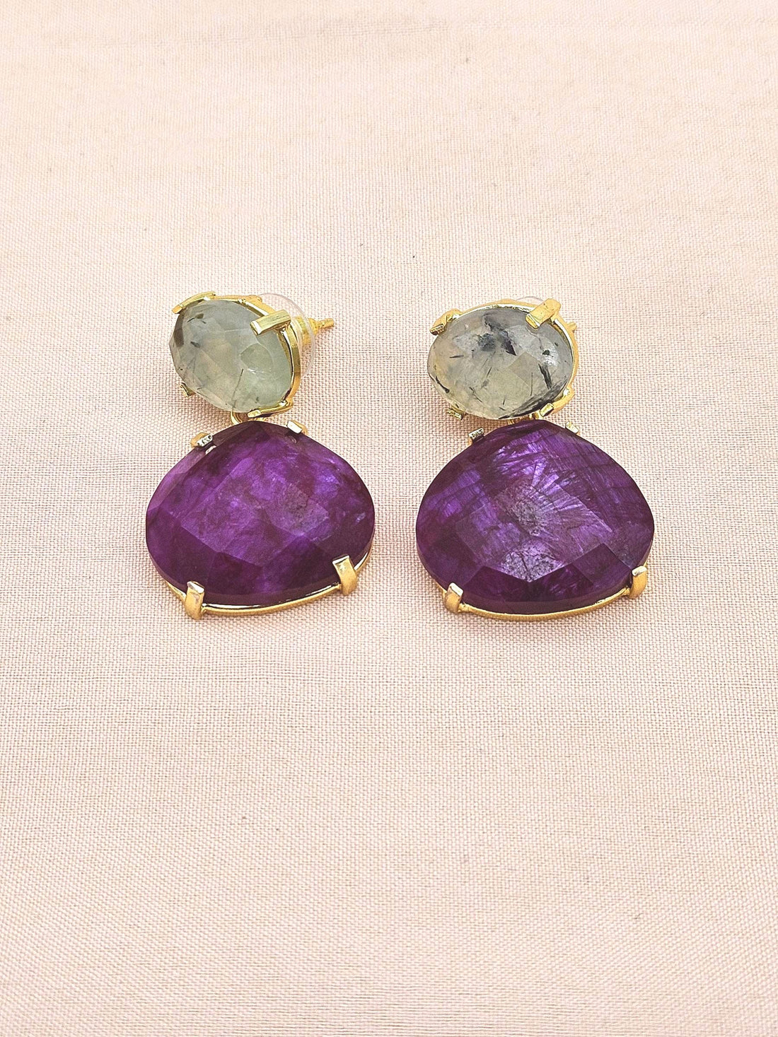 Stunning Gold Plated Fine Prehnite-Red Hathipara Prong Setting Charming Designer Dangle Drop Earrings