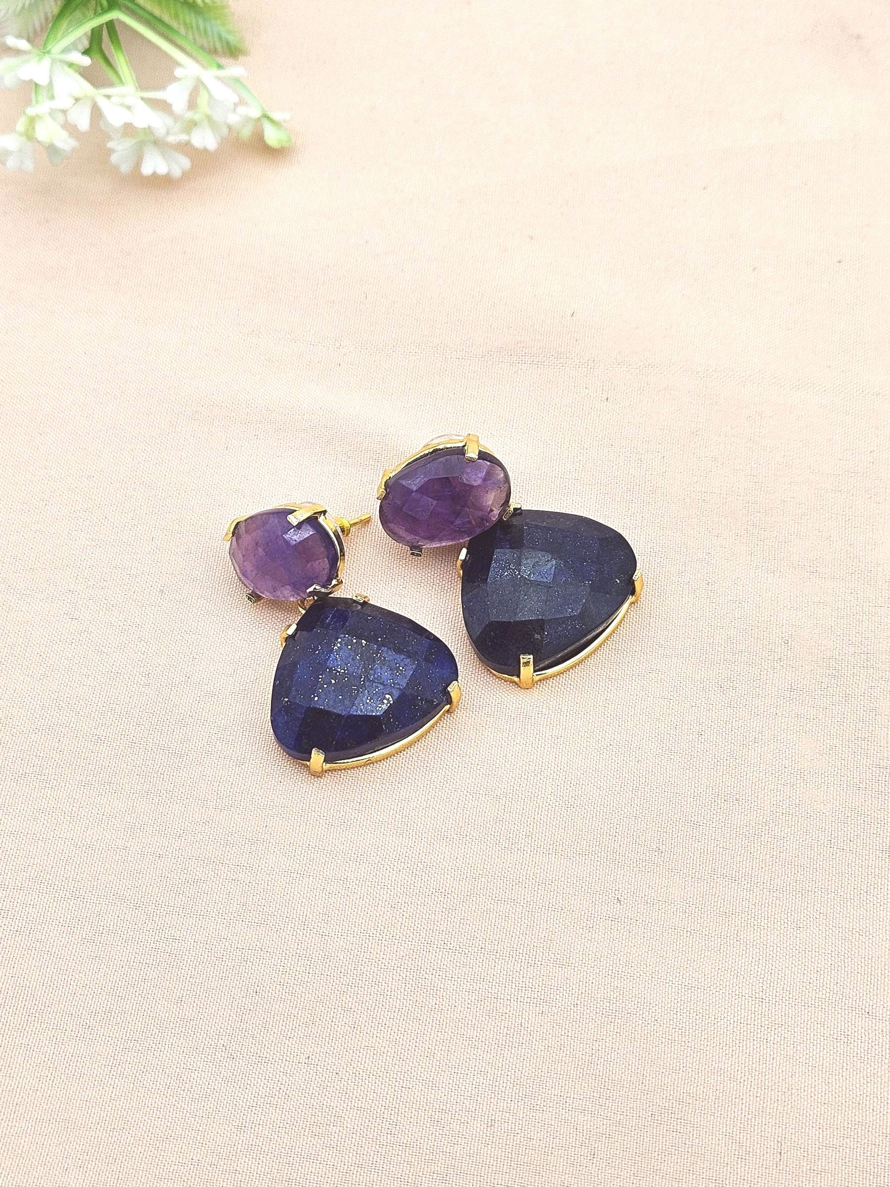 Stunning Gold Plated Fine Lapis-Amethyst Prong Setting Charming Designer Dangle Drop Earrings