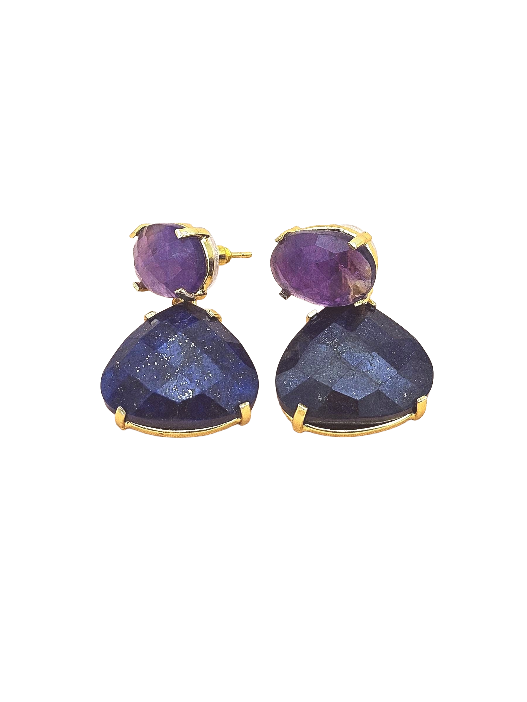 Stunning Gold Plated Fine Lapis-Amethyst Prong Setting Charming Designer Dangle Drop Earrings