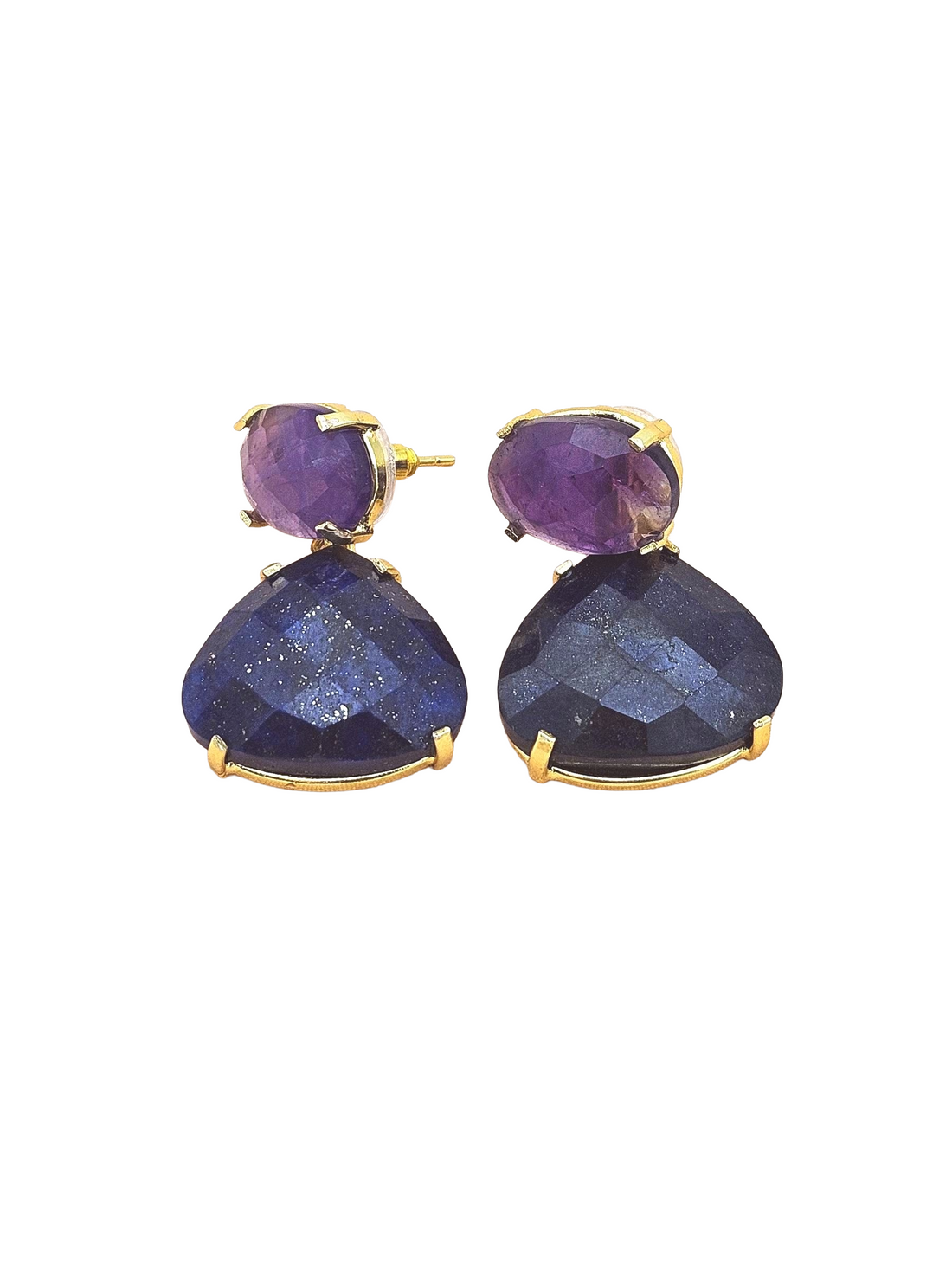 Stunning Gold Plated Fine Lapis-Amethyst Prong Setting Charming Designer Dangle Drop Earrings