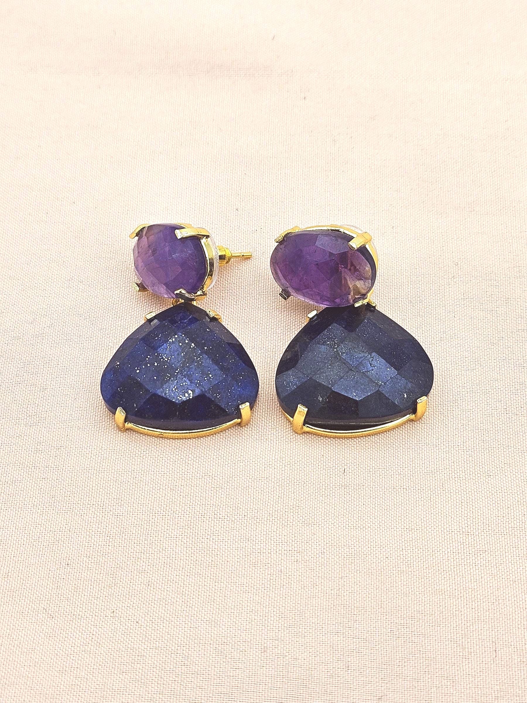 Stunning Gold Plated Fine Lapis-Amethyst Prong Setting Charming Designer Dangle Drop Earrings