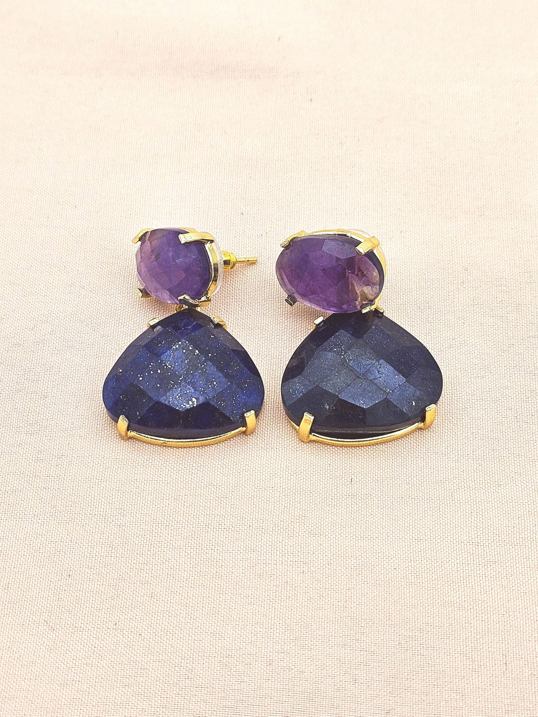 Stunning Gold Plated Fine Lapis-Amethyst Prong Setting Charming Designer Dangle Drop Earrings