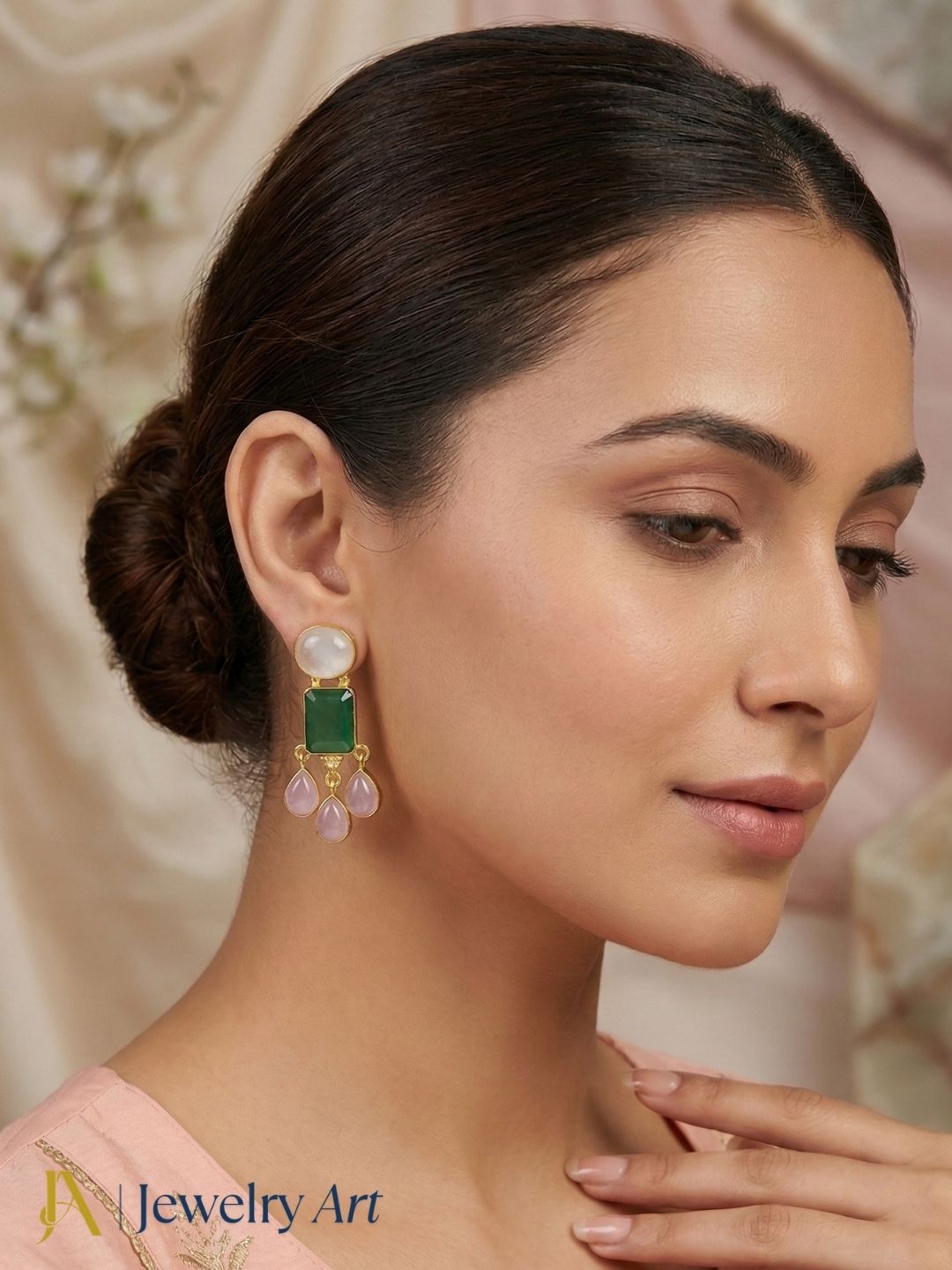 Lightweight gold plated dangle earrings with rose quartz and green onyx stone designer jewelry
