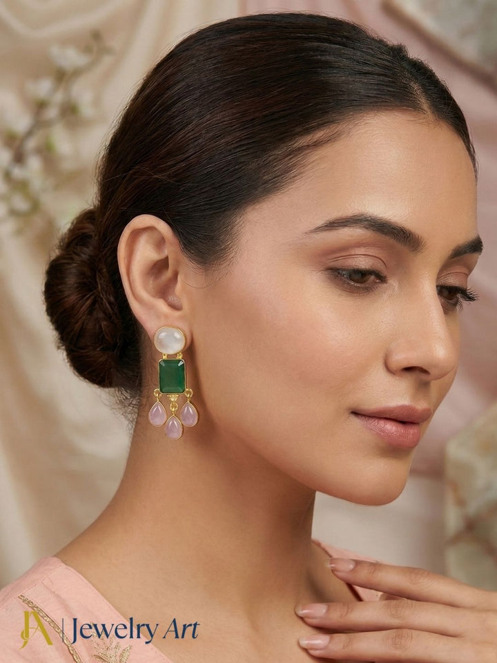 Lightweight gold plated dangle earrings with rose quartz and green onyx stone designer jewelry
