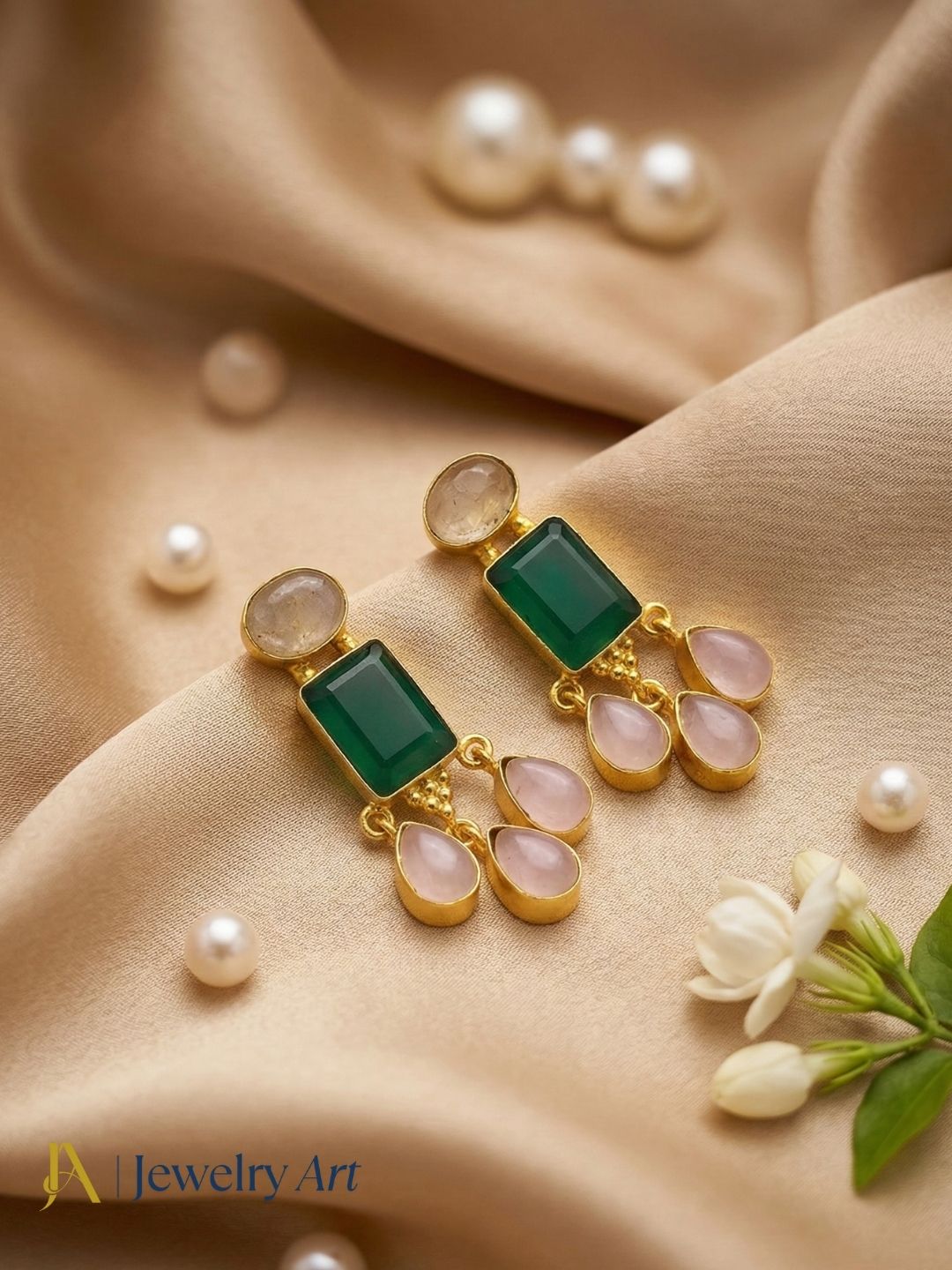 Lightweight gold plated dangle earrings with rose quartz and green onyx stone designer jewelry
